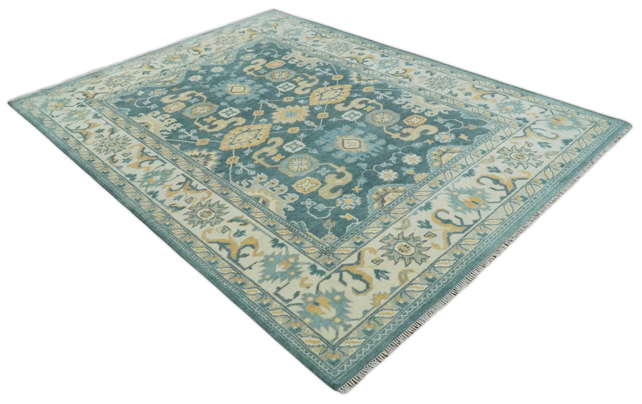 Hand Knotted 9x12 Blue, Ivory and Beige Antique Finish Turkish Style Oushak Wool Area Rug | TRDCP1084912 - Image 9