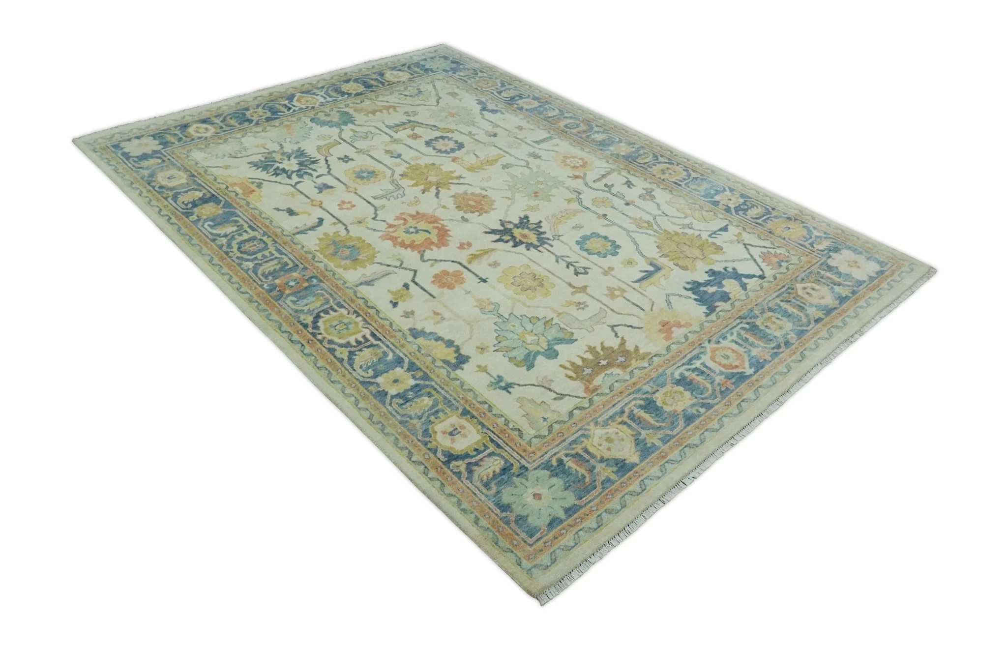 Hand Knotted 9x12 Ivory and Blue Traditional Vintage Persian Style Wool Rug | TRDCP812912 - Image 10