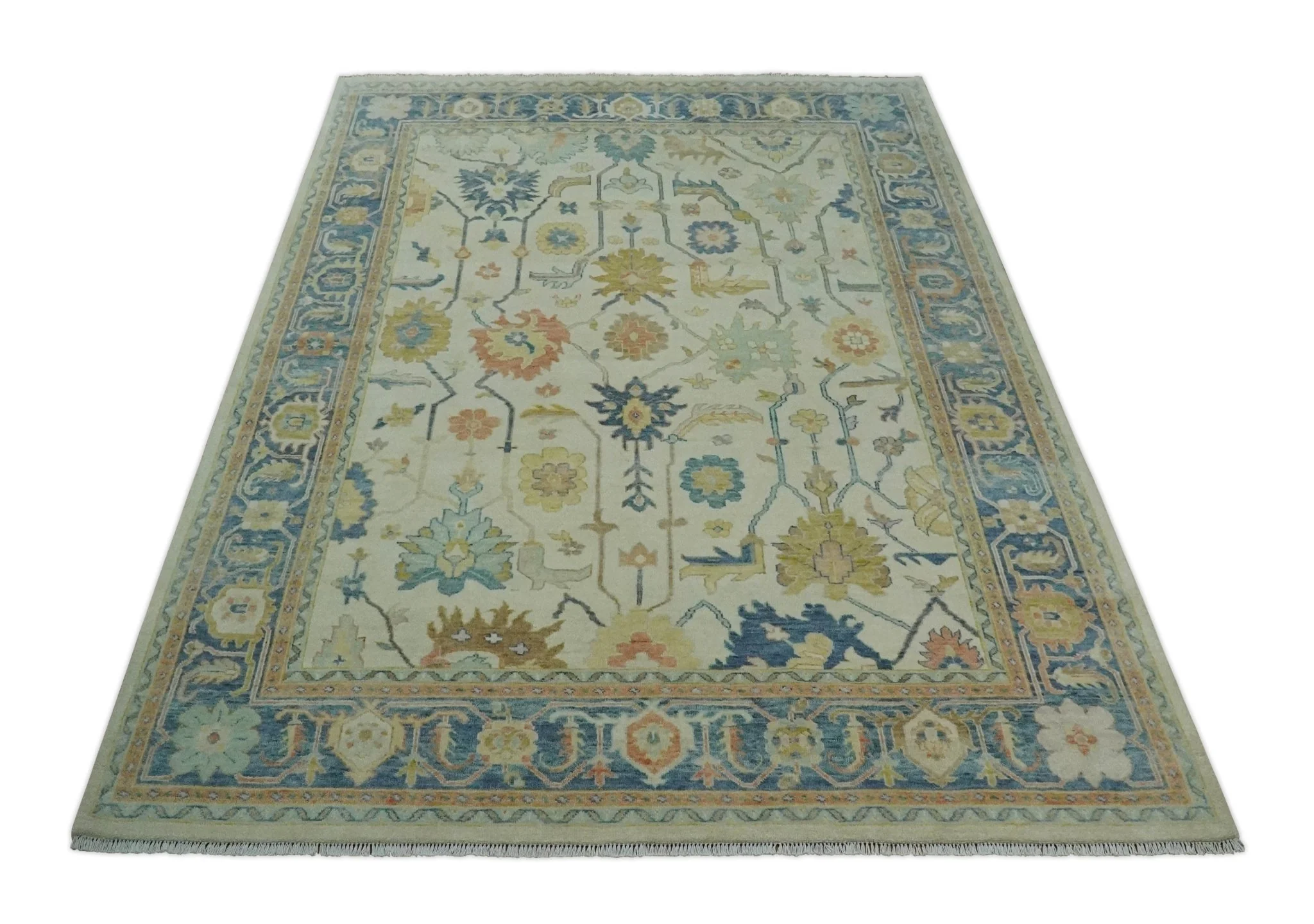 Hand Knotted 9x12 Ivory and Blue Traditional Vintage Persian Style Wool Rug | TRDCP812912 - Image 11