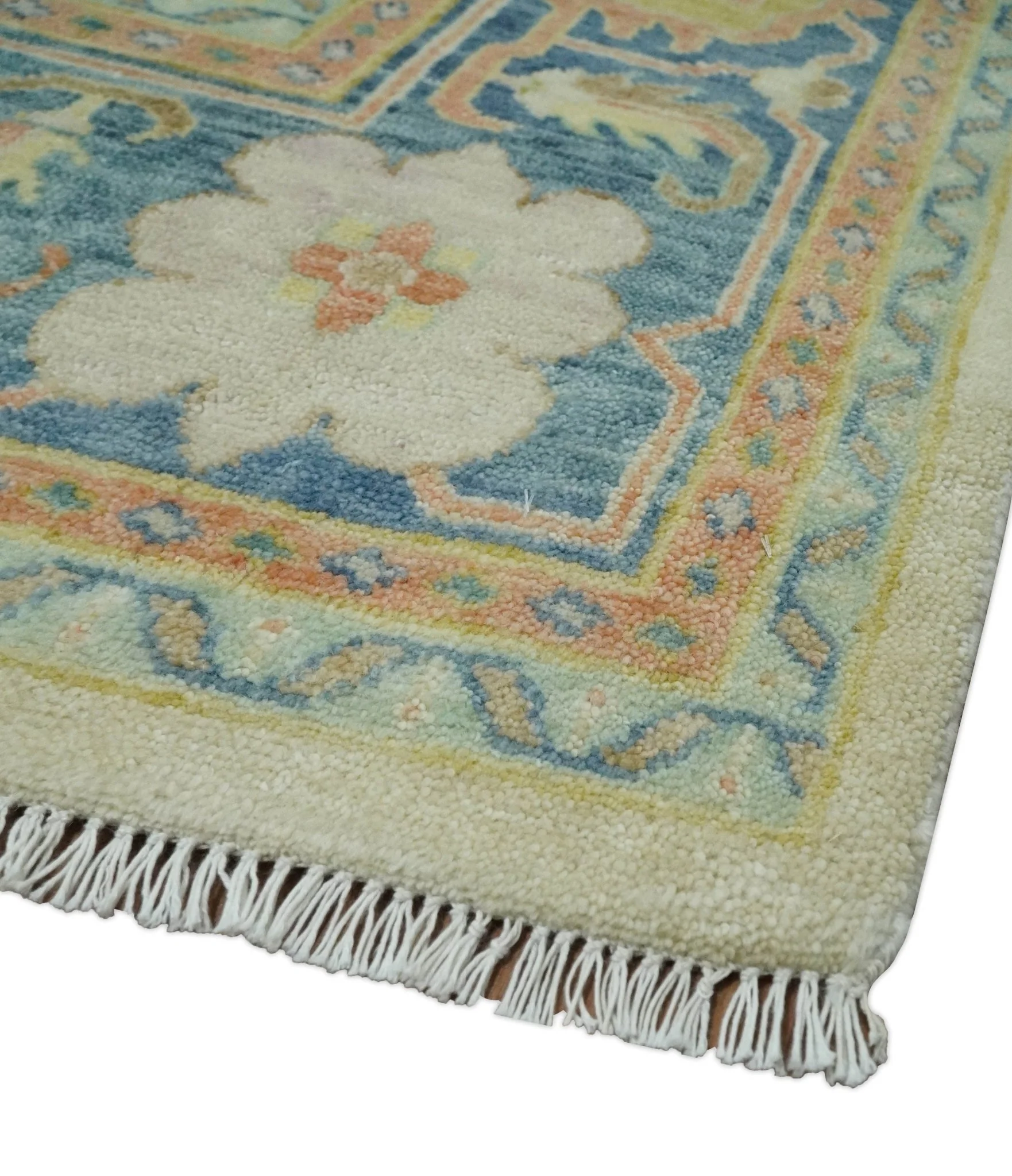 Hand Knotted 9x12 Ivory and Blue Traditional Vintage Persian Style Wool Rug | TRDCP812912 - Image 3