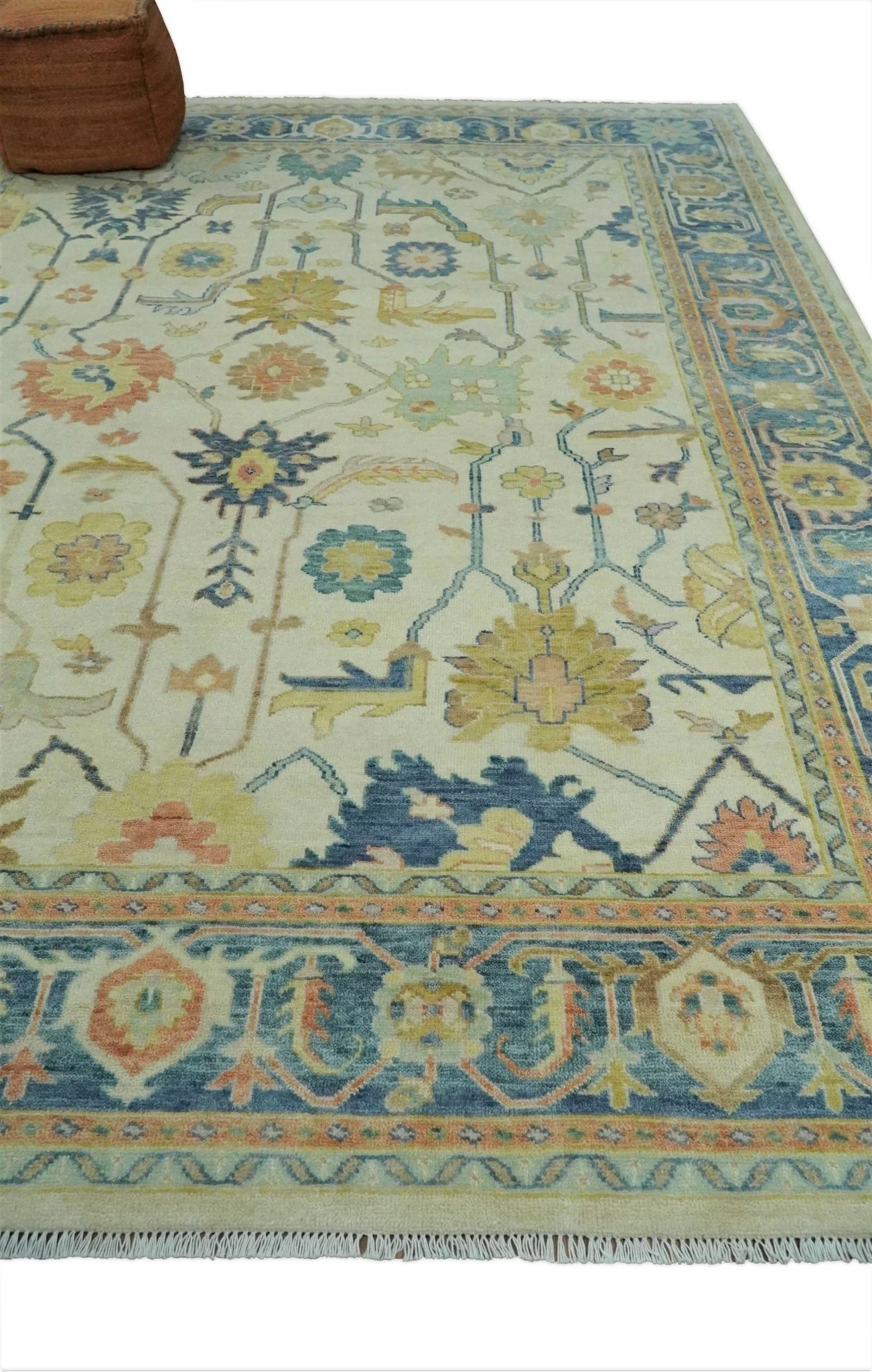 Hand Knotted 9x12 Ivory and Blue Traditional Vintage Persian Style Wool Rug | TRDCP812912 - Image 5