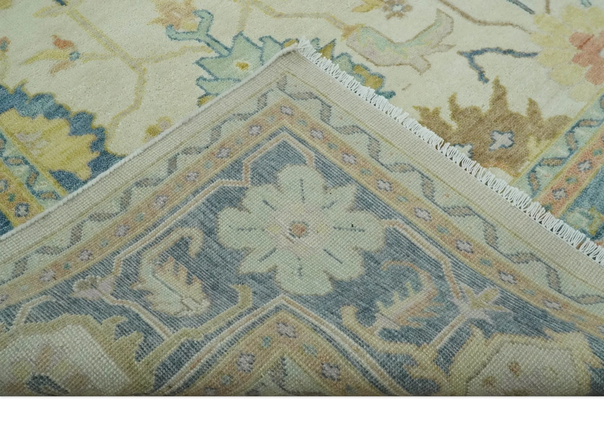Hand Knotted 9x12 Ivory and Blue Traditional Vintage Persian Style Wool Rug | TRDCP812912 - Image 7