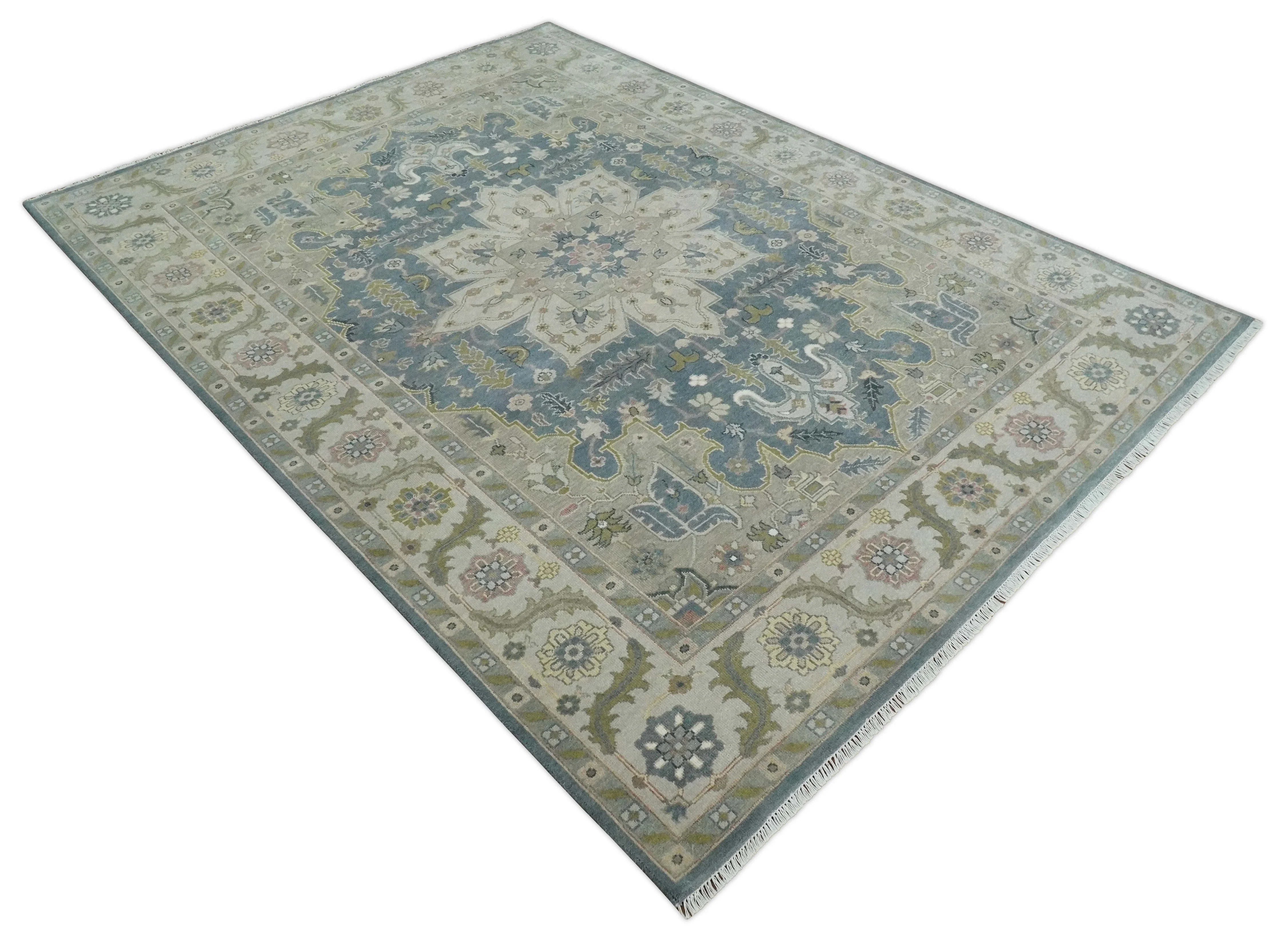 Hand Knotted 9x12 Ivory, Gray, Beige and Olive  Traditional Vintage Heriz Serapi Wool Rug | TRDCP1041912 - Image 8