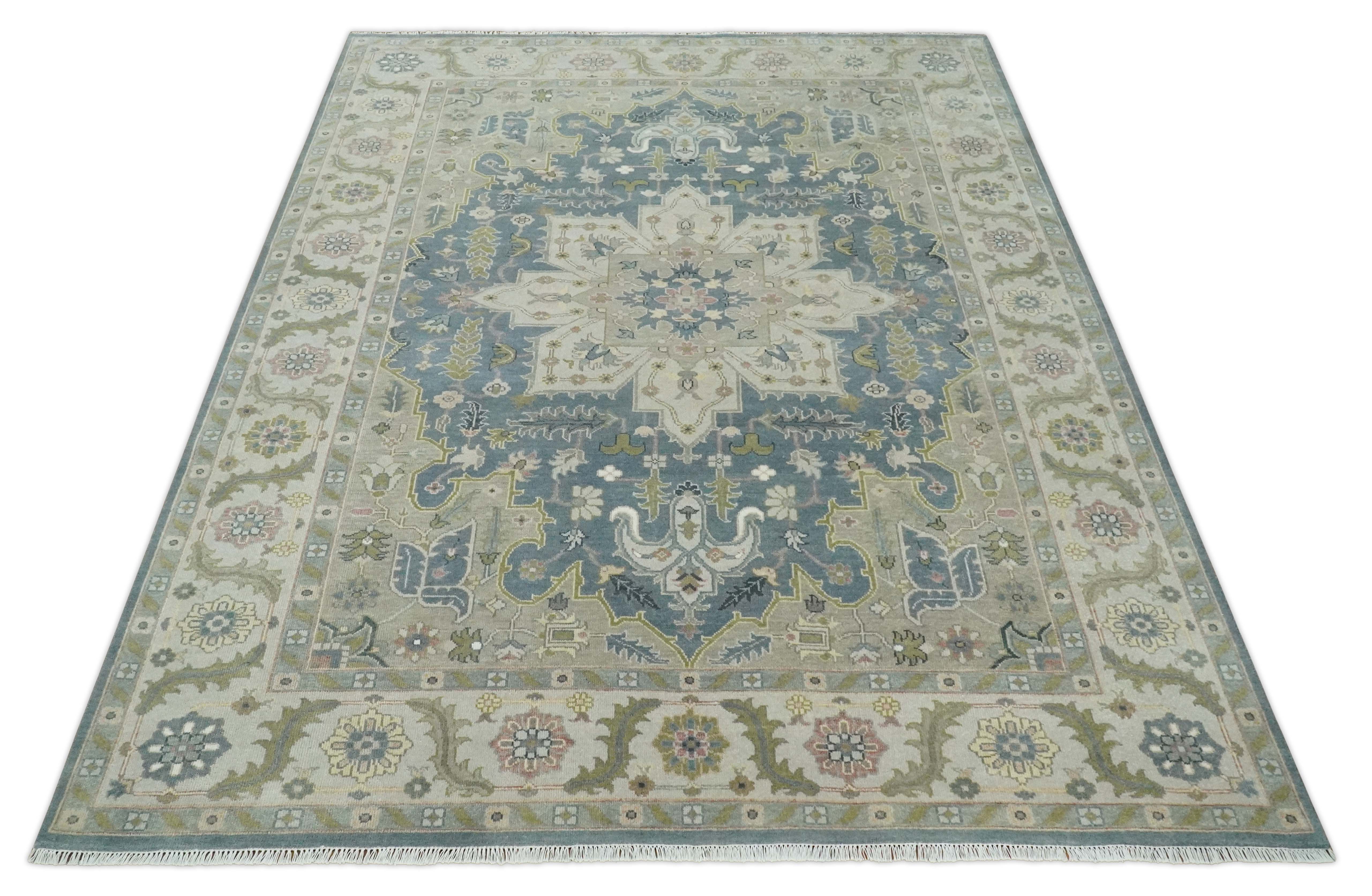 Hand Knotted 9x12 Ivory, Gray, Beige and Olive  Traditional Vintage Heriz Serapi Wool Rug | TRDCP1041912 - Image 9