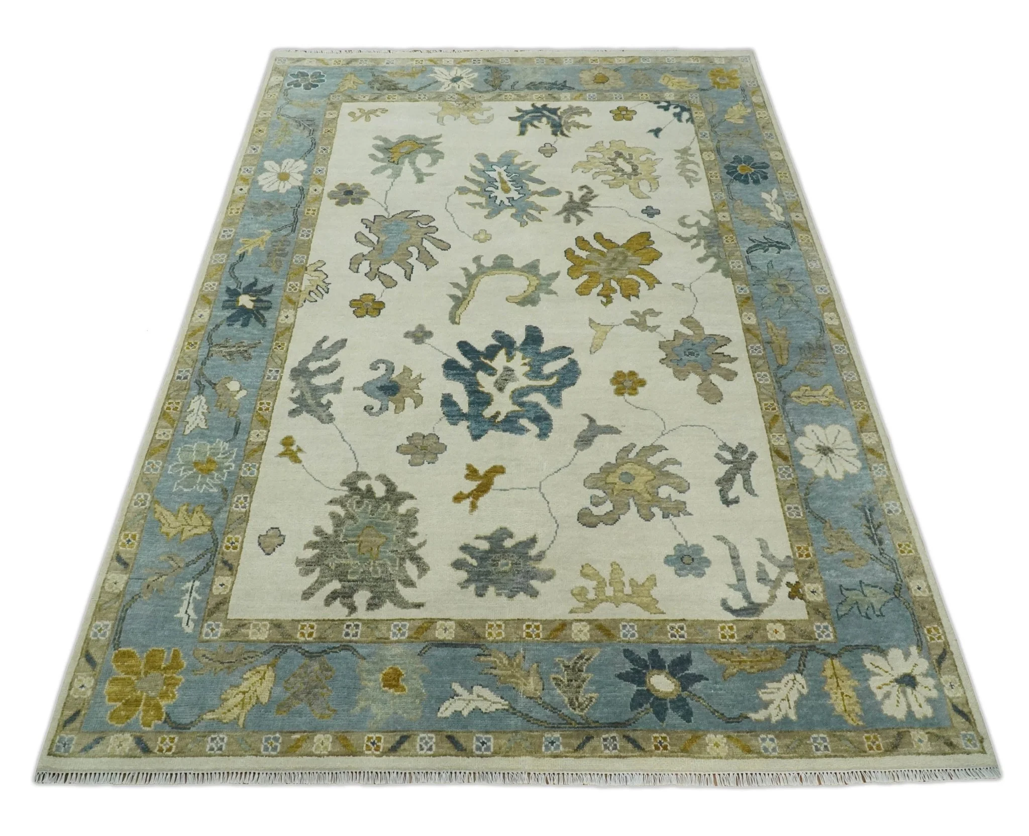 Hand Knotted 9x12 Ivory, Silver and Beige Traditional Style Oushak Wool Rug - Image 10