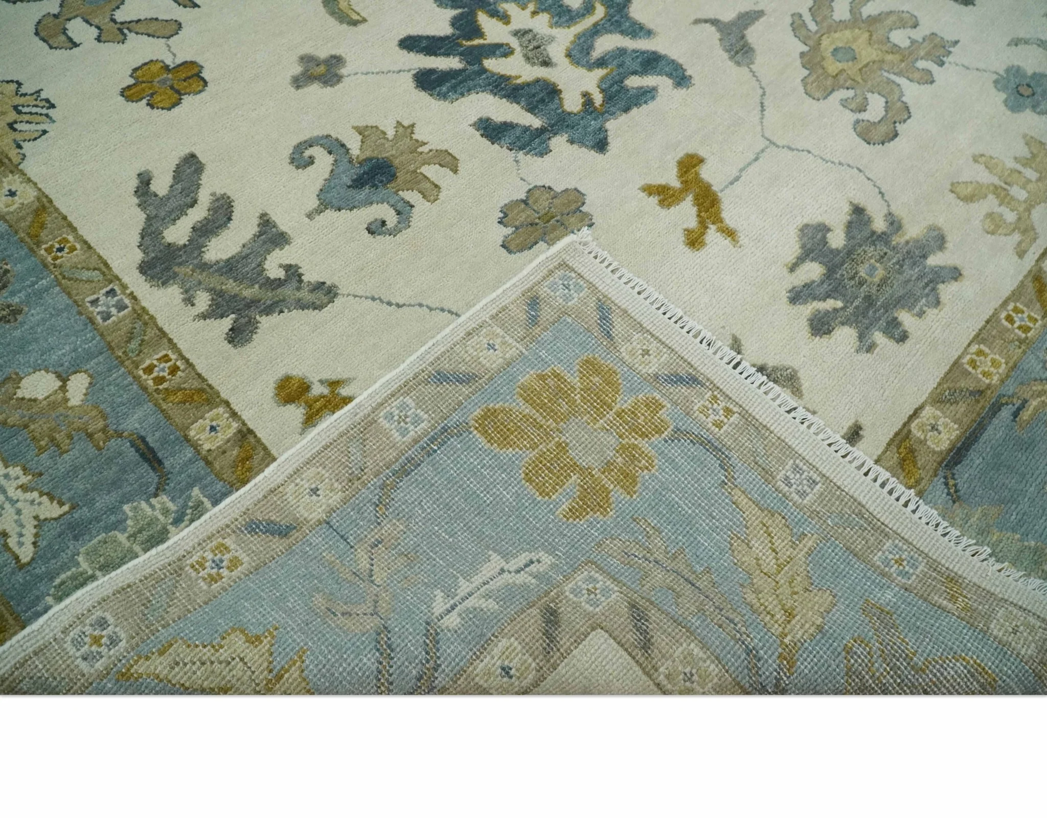 Hand Knotted 9x12 Ivory, Silver and Beige Traditional Style Oushak Wool Rug - Image 7