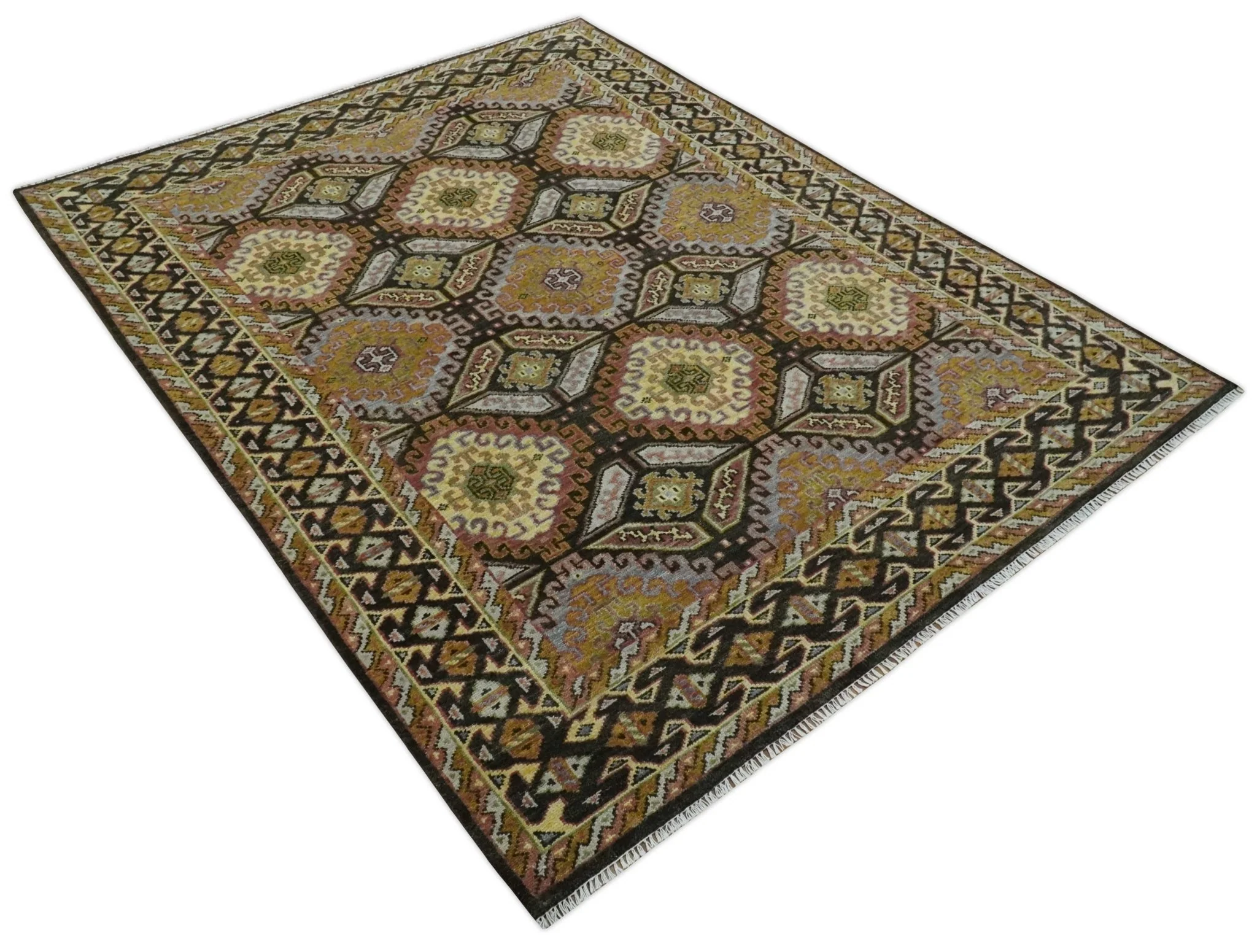 Hand Knotted 9x12 Olive,  Gold, Black and Brown Oriental Traditional Wool Area Rug - Image 9