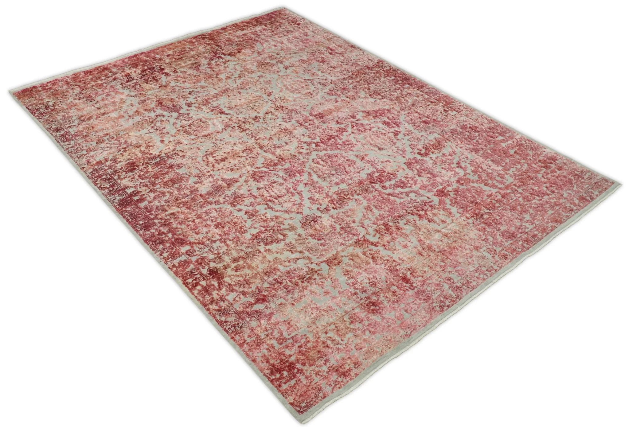 Hand Knotted 9x12 Pink and Silver Modern Persian Abstract Bamboo Silk and Wool Area Rug | TRD2061912 - Image 4