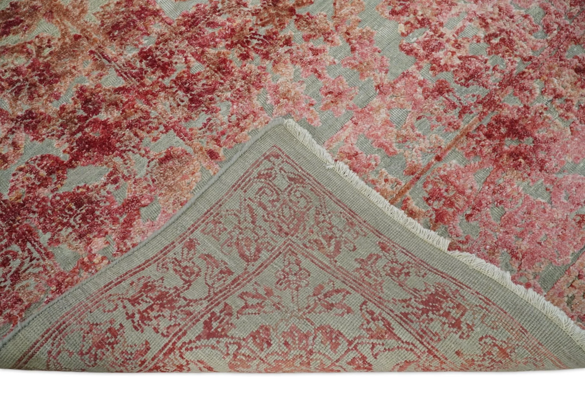 Hand Knotted 9x12 Pink and Silver Modern Persian Abstract Bamboo Silk and Wool Area Rug | TRD2061912 - Image 5