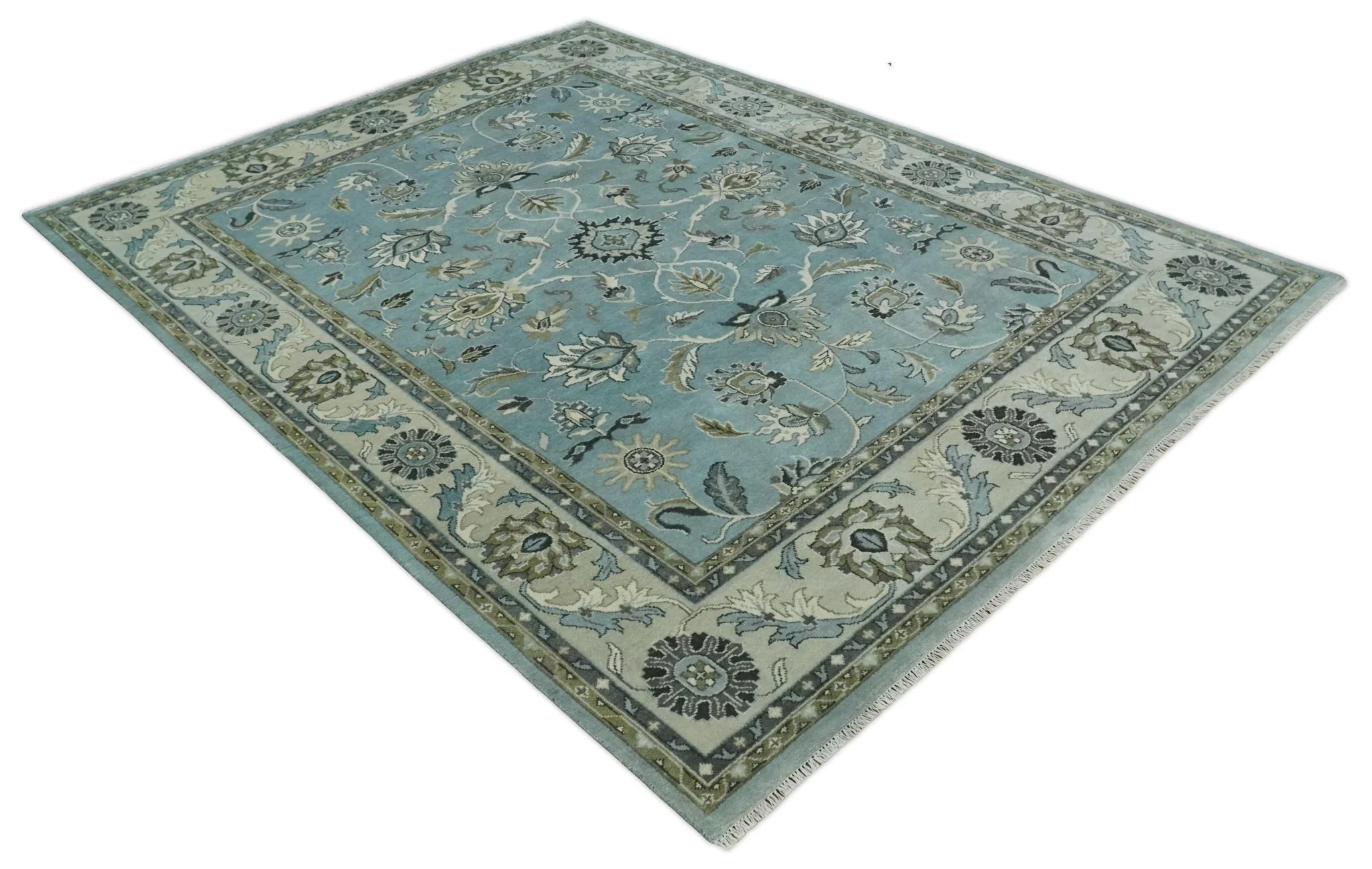 Hand Knotted 9x12 Blue and Ivory Traditional Persian Oushak Wool Rug | TRDCP908912 - Image 10