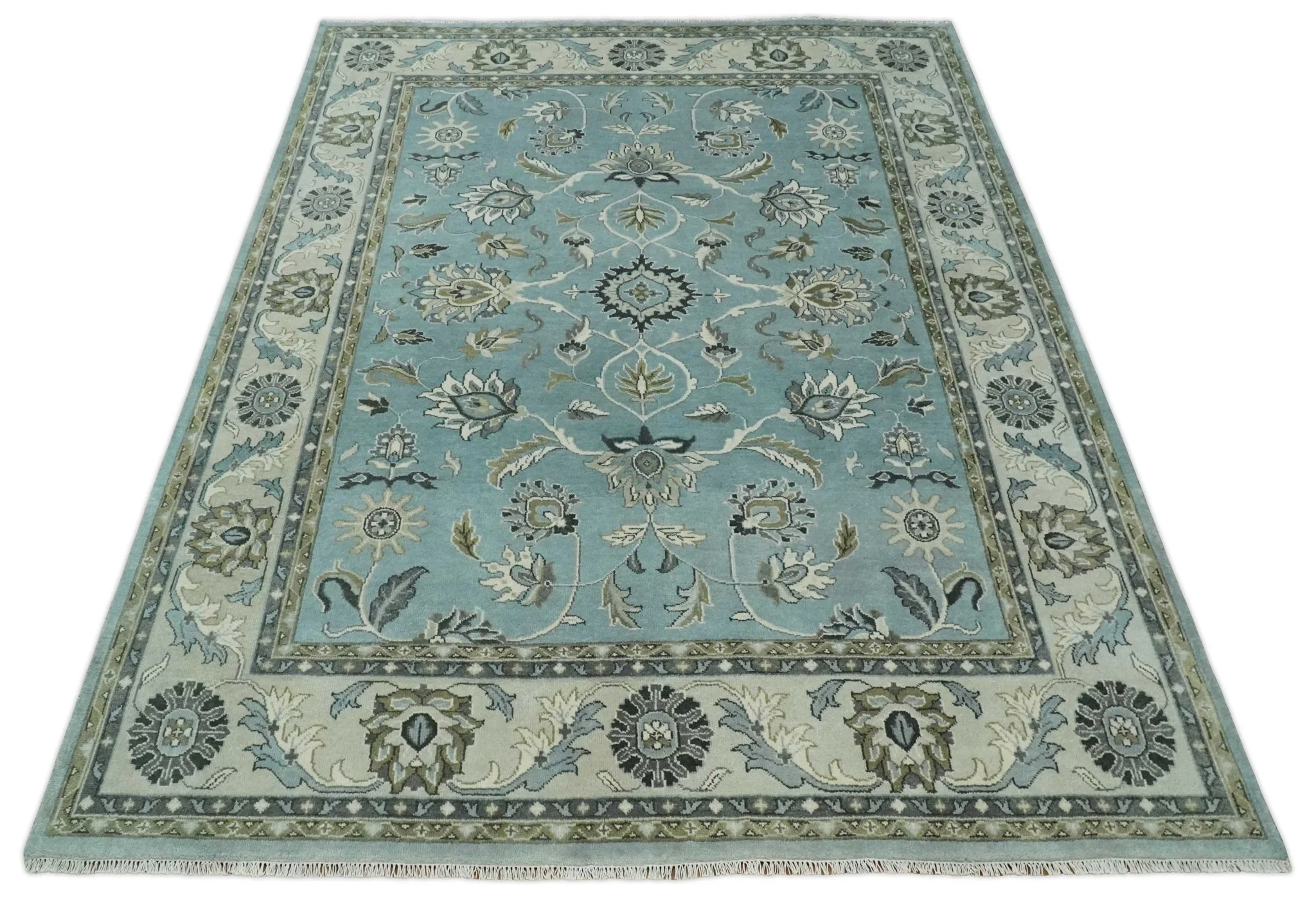 Hand Knotted 9x12 Blue and Ivory Traditional Persian Oushak Wool Rug | TRDCP908912 - Image 11