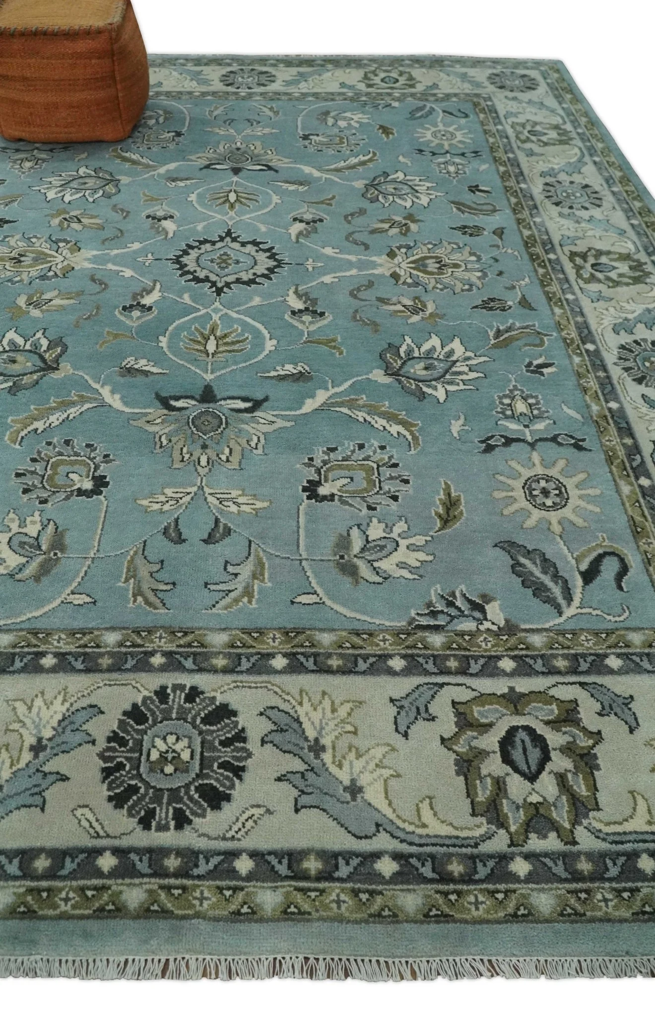 Hand Knotted 9x12 Blue and Ivory Traditional Persian Oushak Wool Rug | TRDCP908912 - Image 3