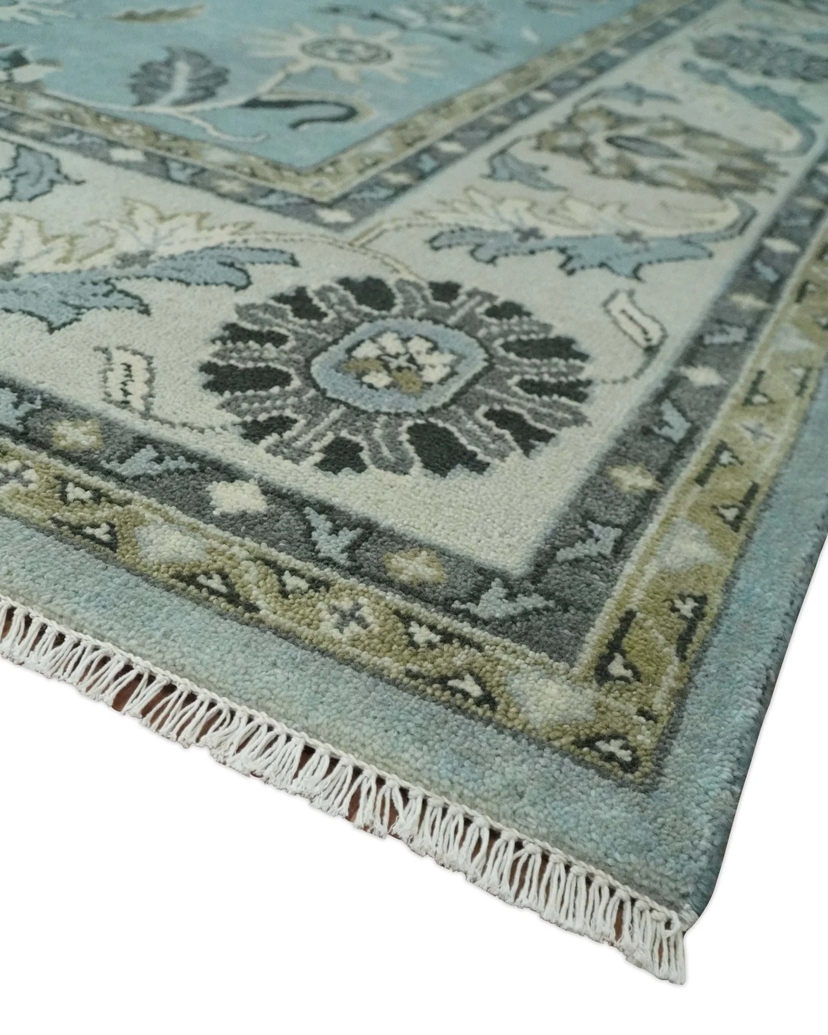 Hand Knotted 9x12 Blue and Ivory Traditional Persian Oushak Wool Rug | TRDCP908912 - Image 5