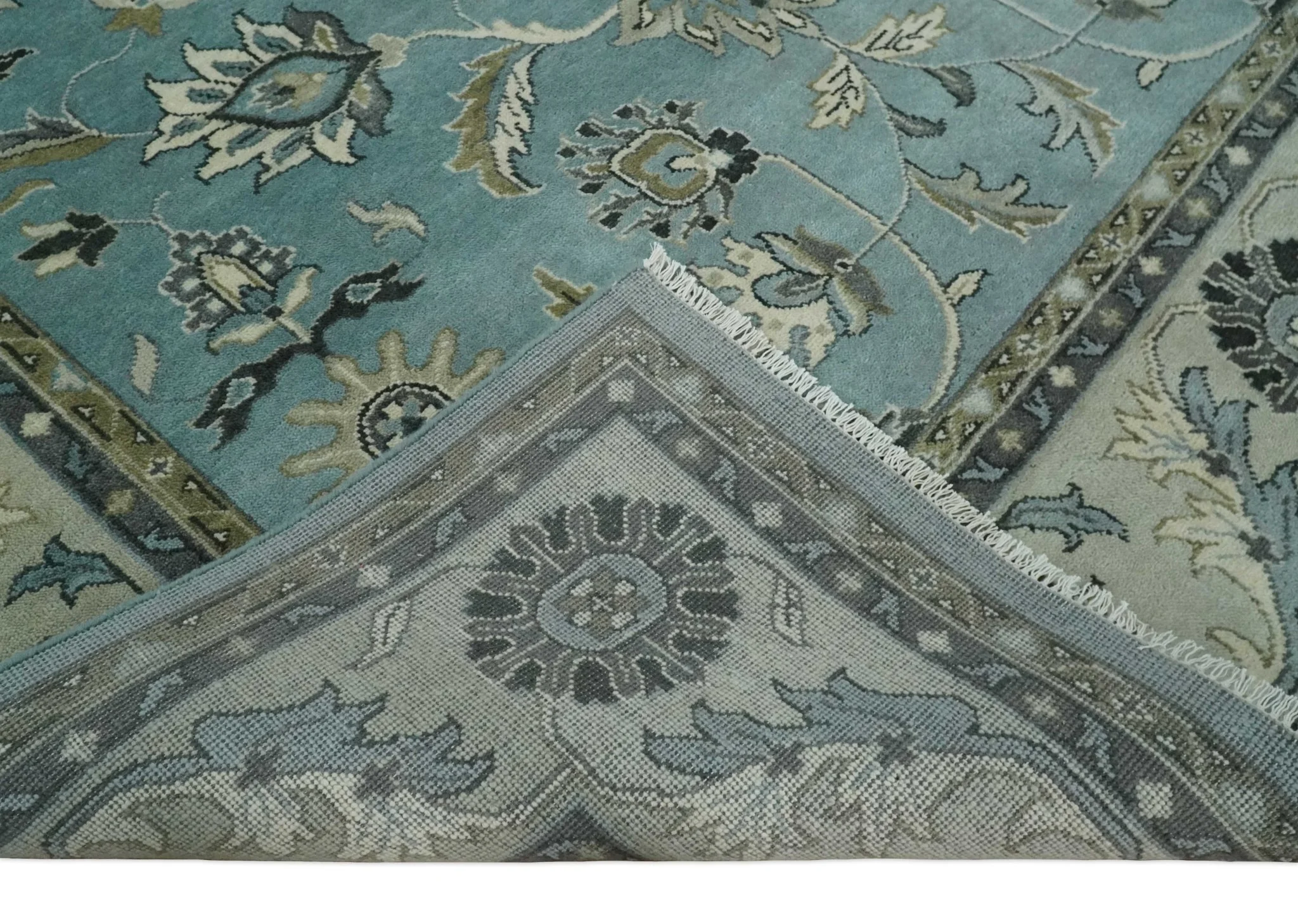 Hand Knotted 9x12 Blue and Ivory Traditional Persian Oushak Wool Rug | TRDCP908912 - Image 7