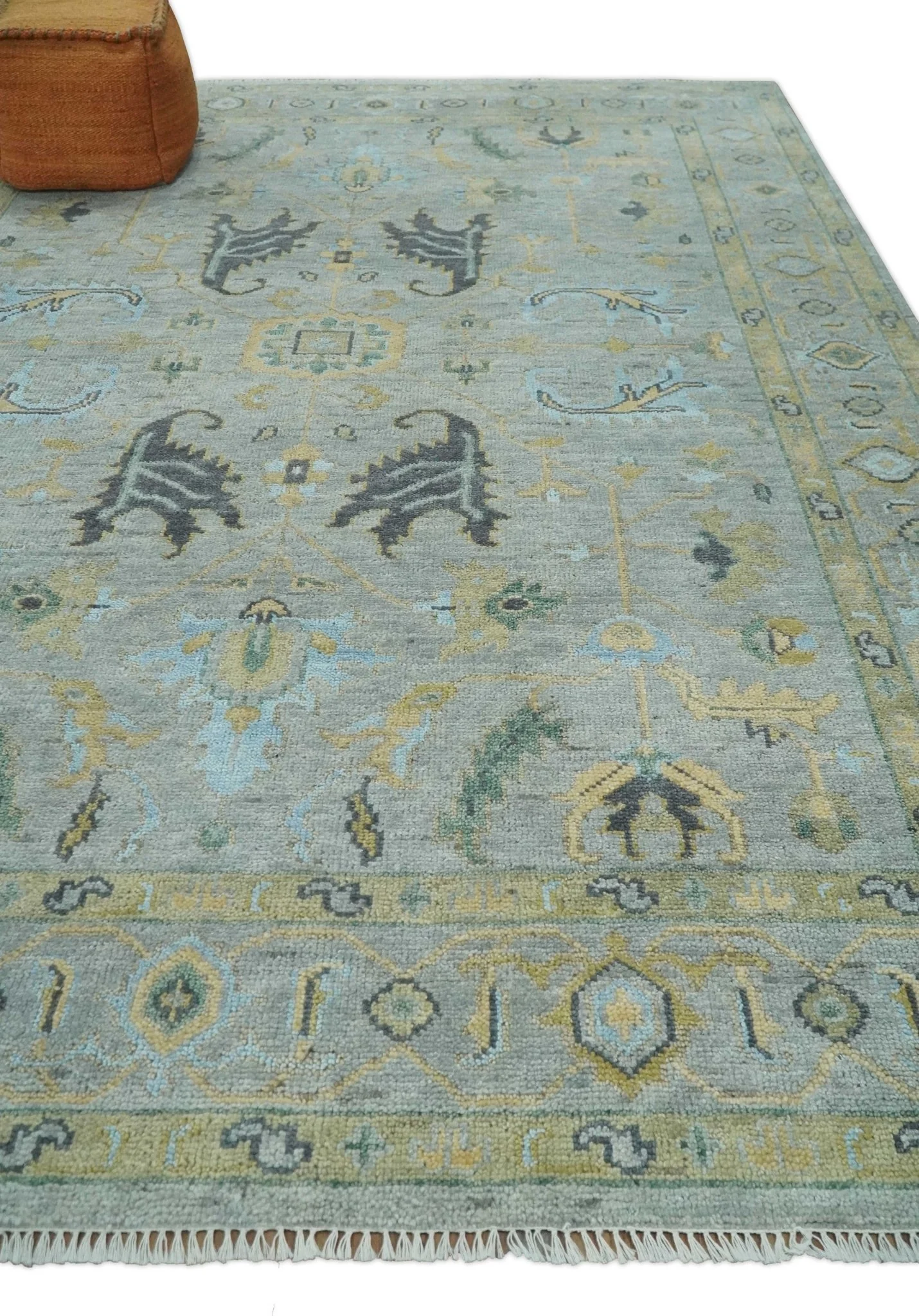 Hand Knotted 9x12 Silver and Beige Antique Finish Oushak Turkish Style Wool Area Rug | TRDCP1092912 - Image 3