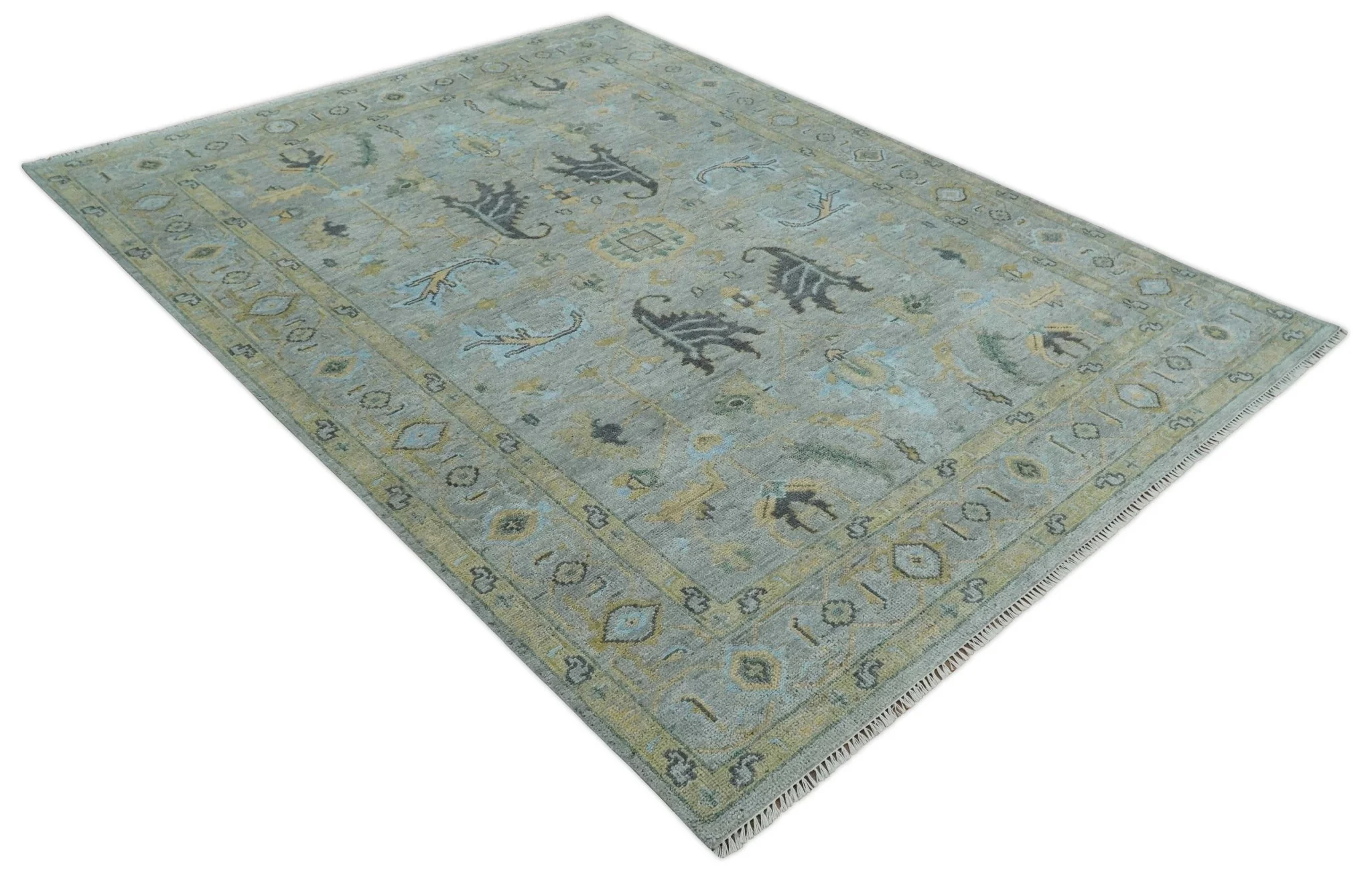 Hand Knotted 9x12 Silver and Beige Antique Finish Oushak Turkish Style Wool Area Rug | TRDCP1092912 - Image 9