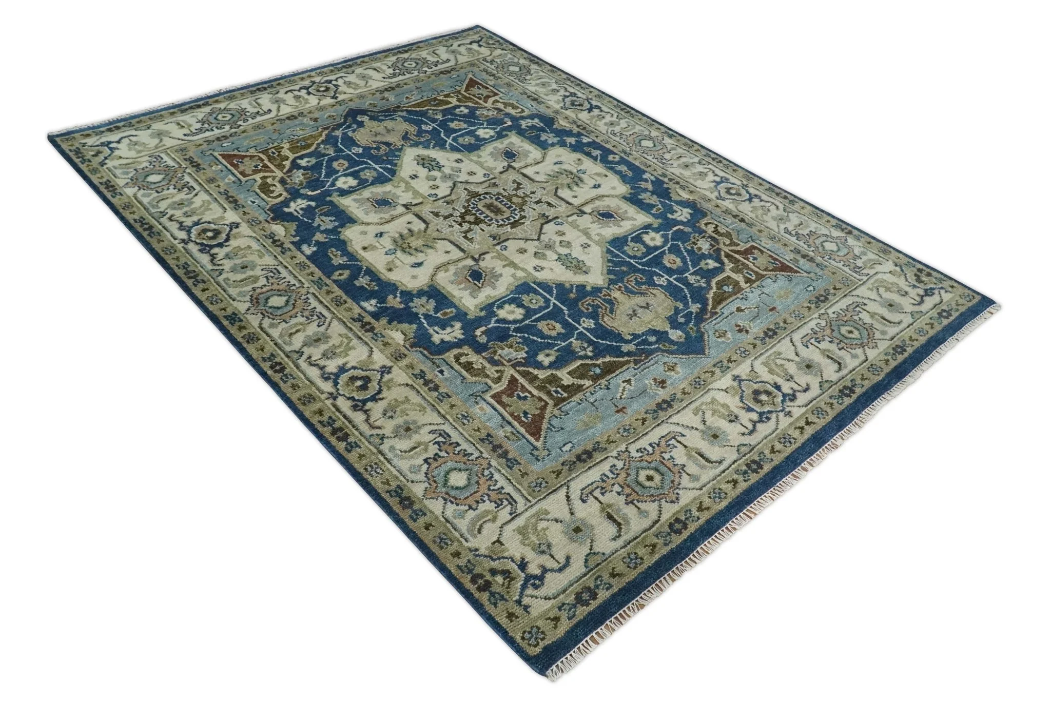 Antique look Blue, Ivory and Olive Traditional Heriz Medallion Multi Size wool Area Rug - Image 10