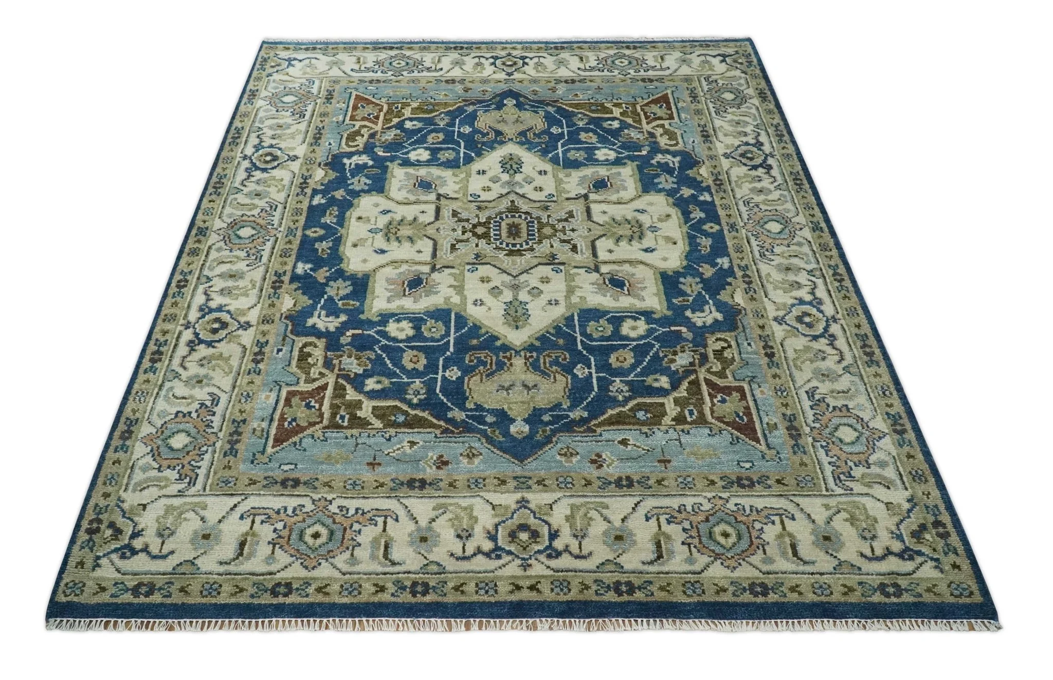 Antique look Blue, Ivory and Olive Traditional Heriz Medallion Multi Size wool Area Rug - Image 11