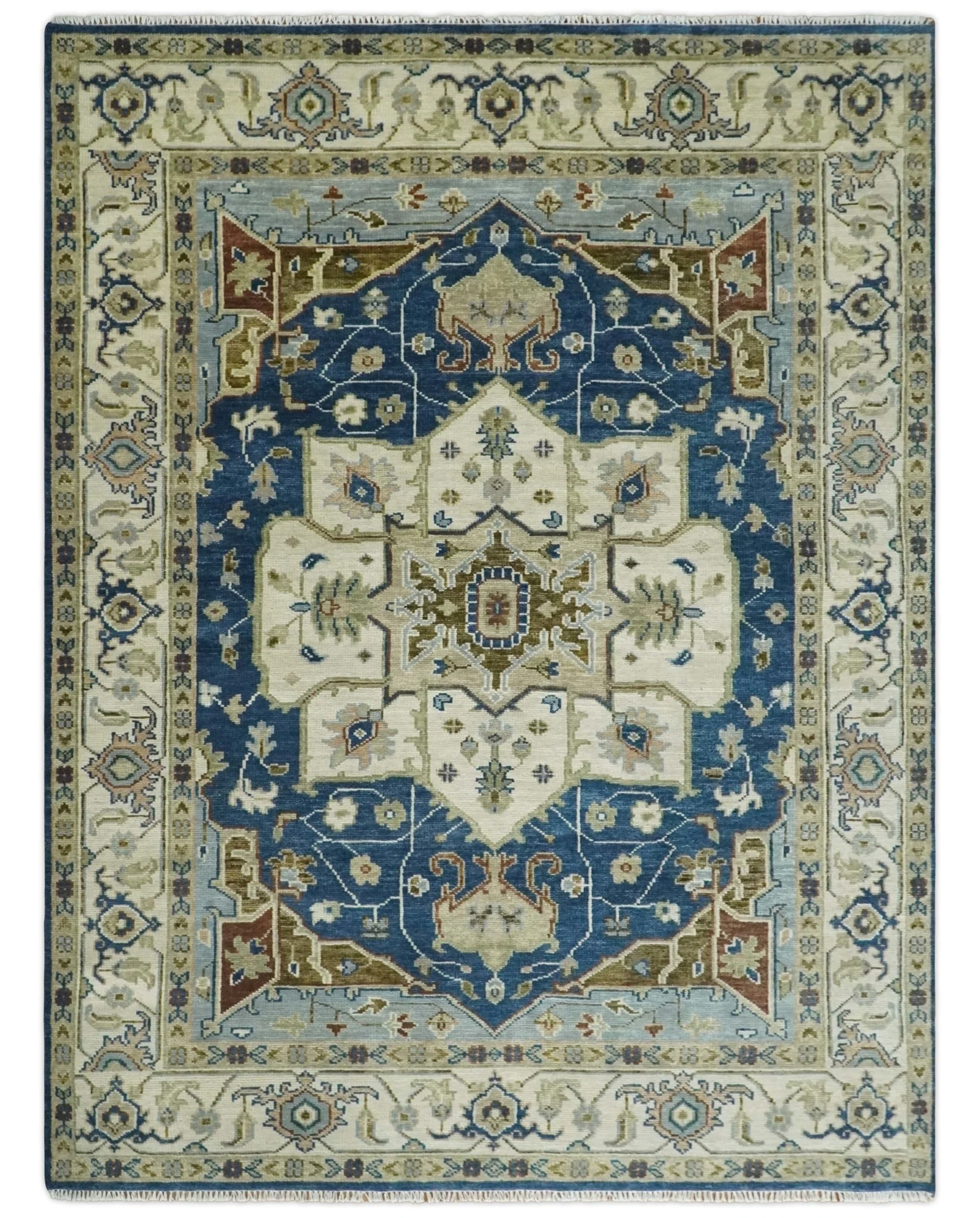 Antique look Blue, Ivory and Olive Traditional Heriz Medallion Multi Size wool Area Rug - Image 13