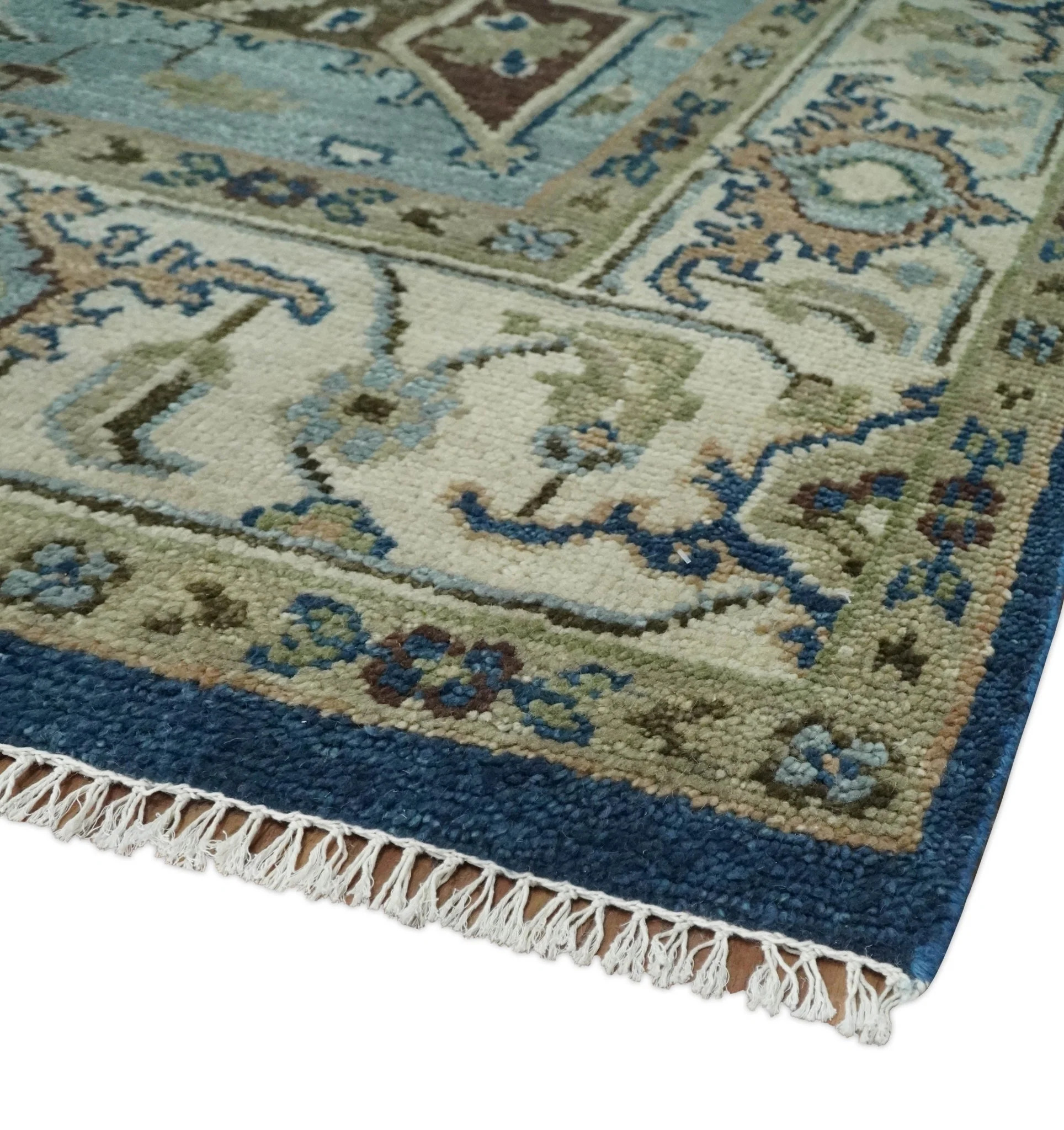 Antique look Blue, Ivory and Olive Traditional Heriz Medallion Multi Size wool Area Rug - Image 5