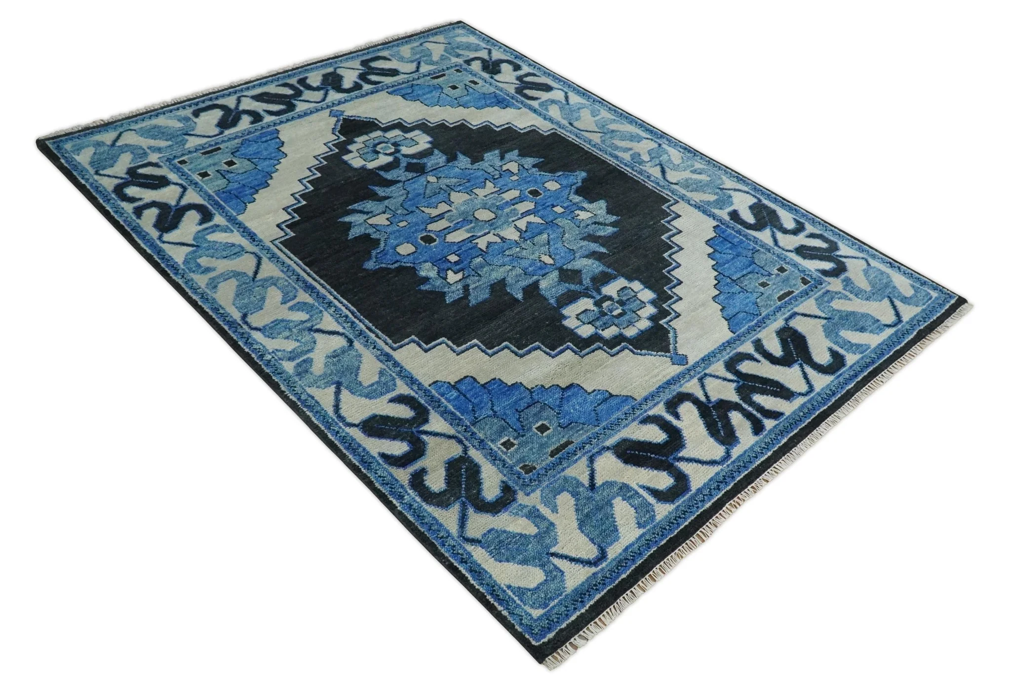 Blue, Black and Ivory Hand Knotted Antique Traditional Heriz Serapi Multi Size Wool Area Rug - Image 10