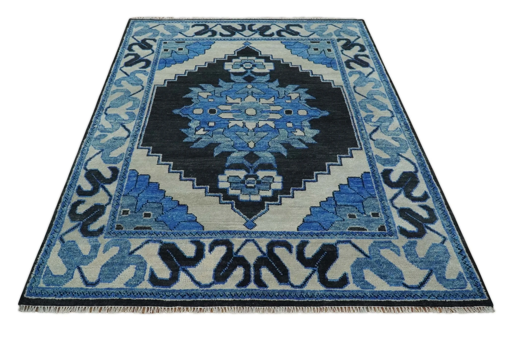Blue, Black and Ivory Hand Knotted Antique Traditional Heriz Serapi Multi Size Wool Area Rug - Image 11