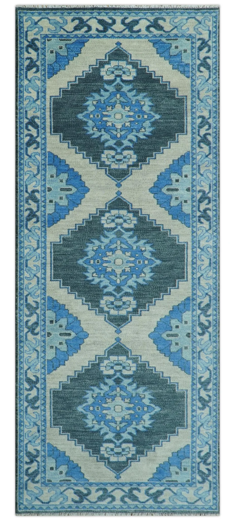 Blue, Black and Ivory Hand Knotted Antique Traditional Heriz Serapi Multi Size Wool Area Rug - Image 12