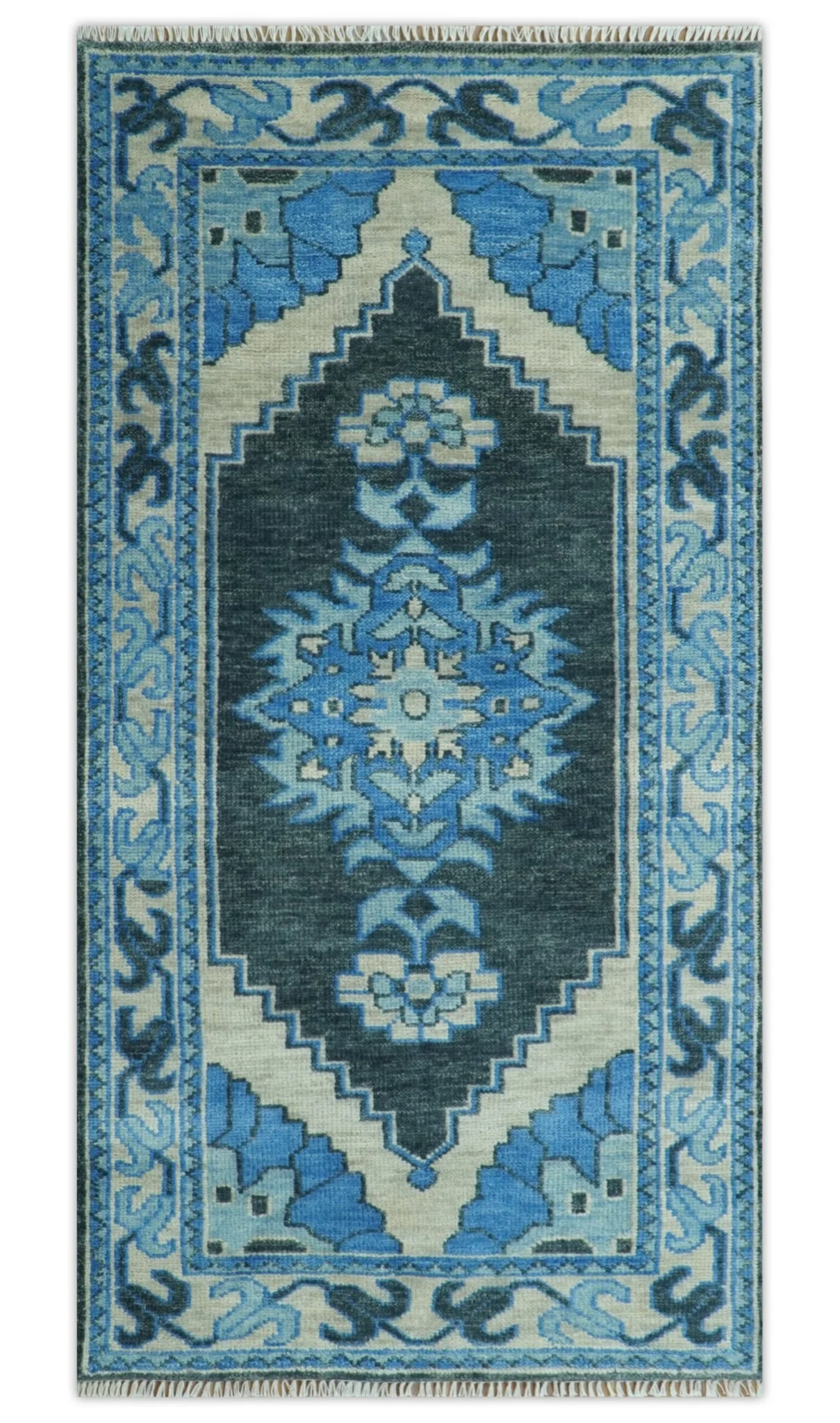 Blue, Black and Ivory Hand Knotted Antique Traditional Heriz Serapi Multi Size Wool Area Rug - Image 13