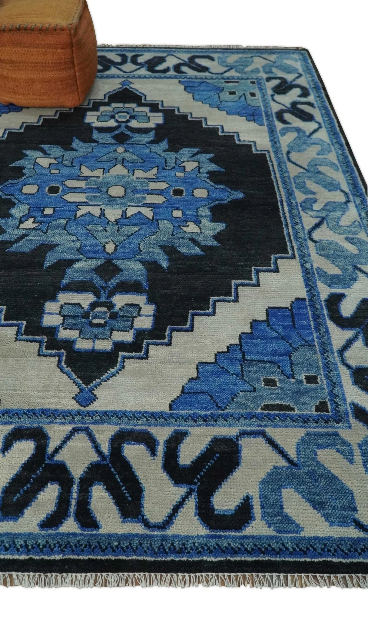 Blue, Black and Ivory Hand Knotted Antique Traditional Heriz Serapi Multi Size Wool Area Rug - Image 3