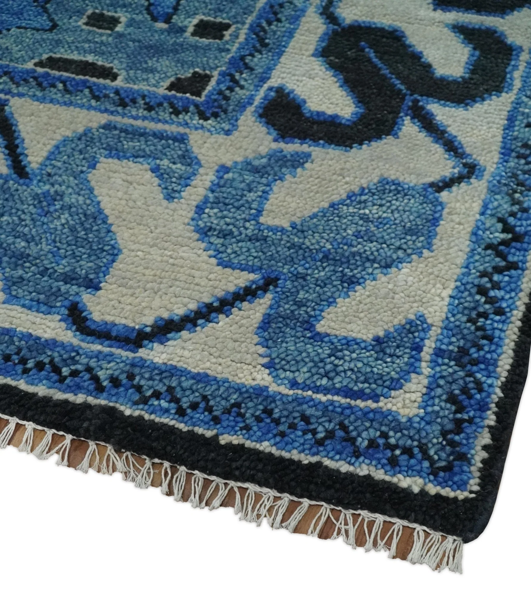 Blue, Black and Ivory Hand Knotted Antique Traditional Heriz Serapi Multi Size Wool Area Rug - Image 5