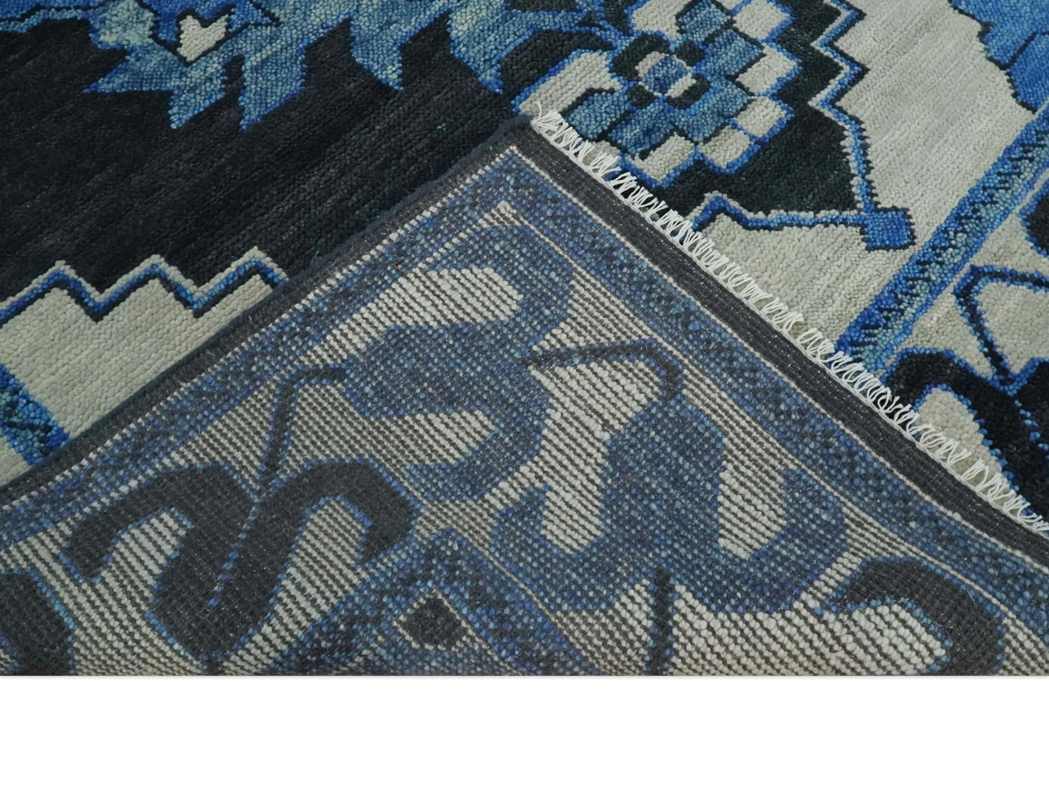 Blue, Black and Ivory Hand Knotted Antique Traditional Heriz Serapi Multi Size Wool Area Rug - Image 7