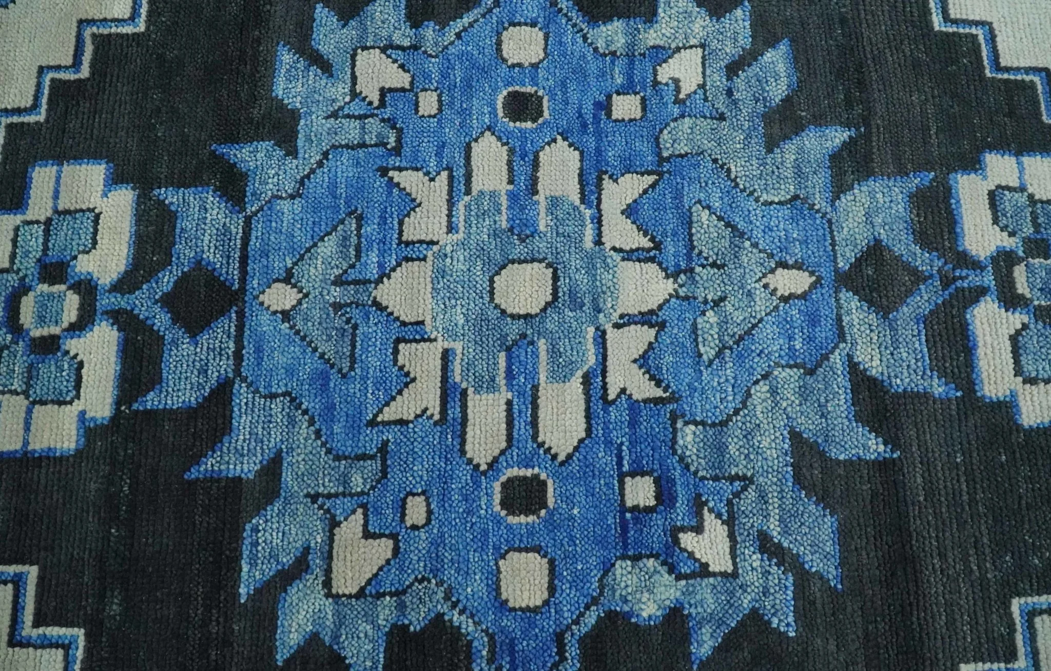 Blue, Black and Ivory Hand Knotted Antique Traditional Heriz Serapi Multi Size Wool Area Rug - Image 9