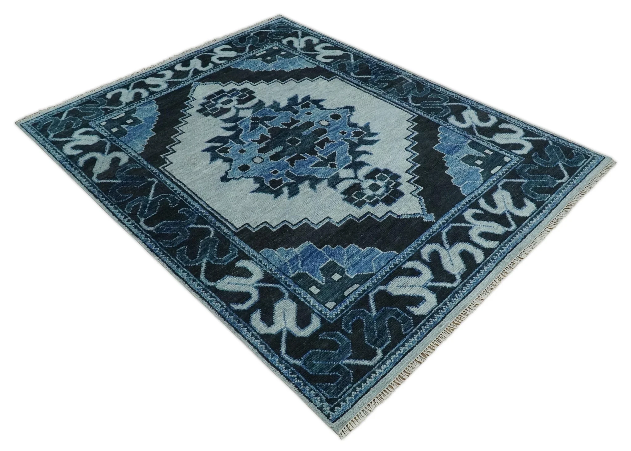 Hand Knotted Antique 8x10 Silver, Blue and Black Traditional Heriz Serapi Wool Rug | TRDCP873810 - Image 10