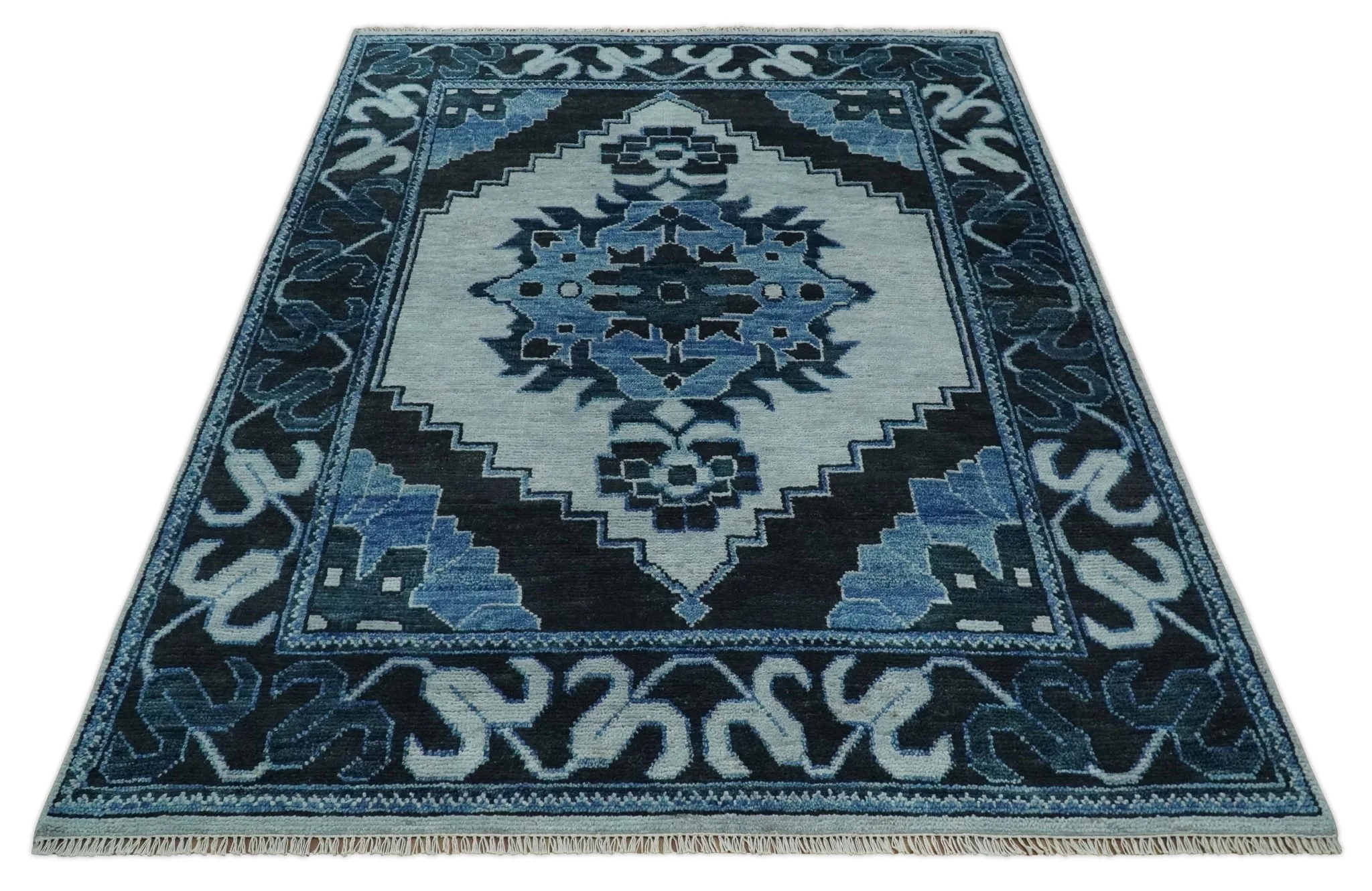 Hand Knotted Antique 8x10 Silver, Blue and Black Traditional Heriz Serapi Wool Rug | TRDCP873810 - Image 11