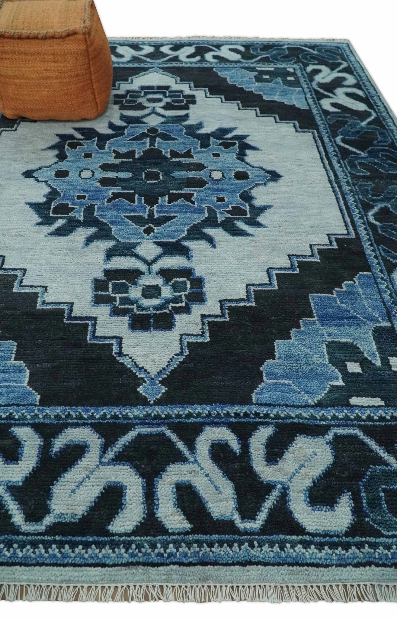Hand Knotted Antique 8x10 Silver, Blue and Black Traditional Heriz Serapi Wool Rug | TRDCP873810 - Image 3