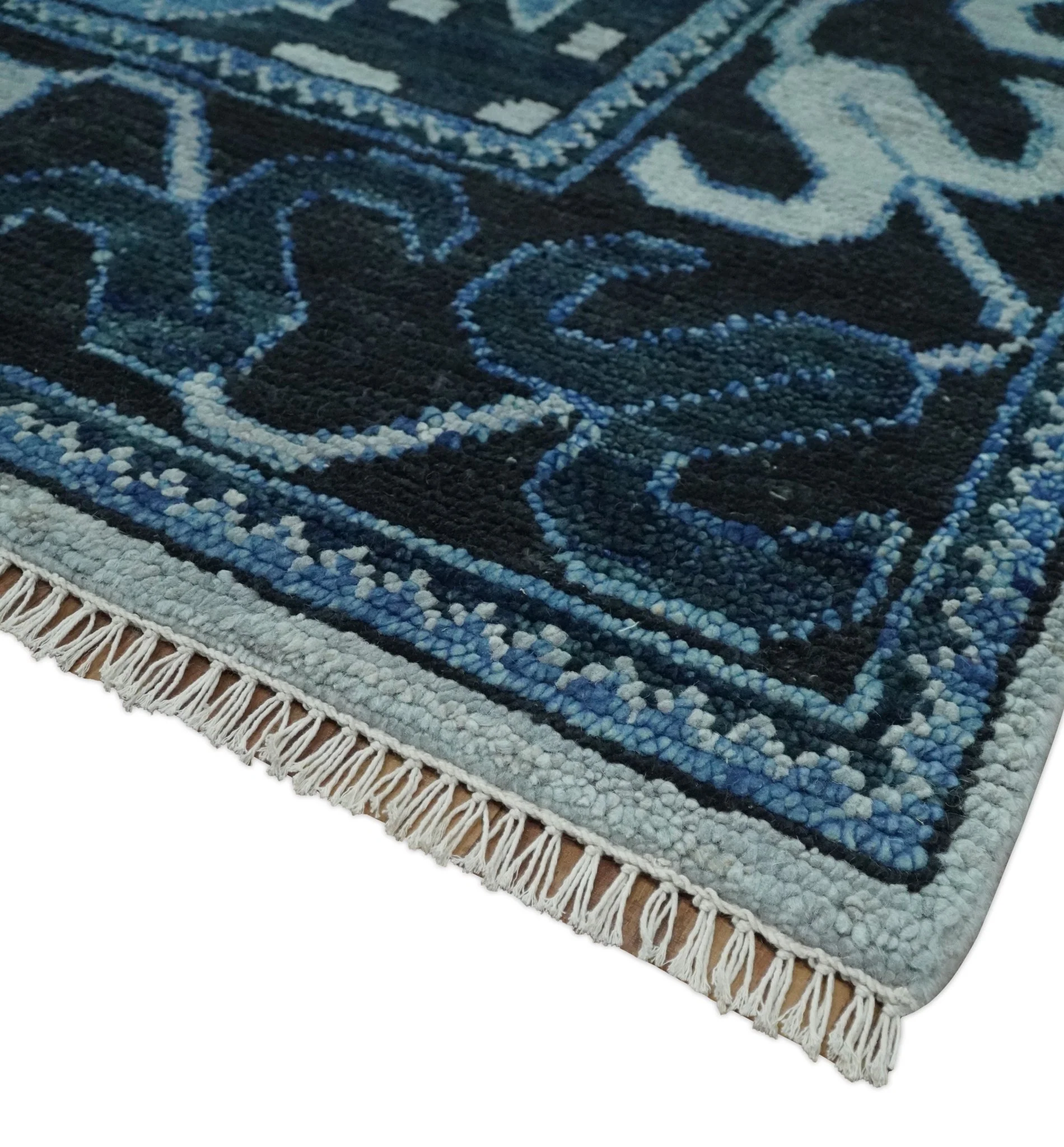 Hand Knotted Antique 8x10 Silver, Blue and Black Traditional Heriz Serapi Wool Rug | TRDCP873810 - Image 5