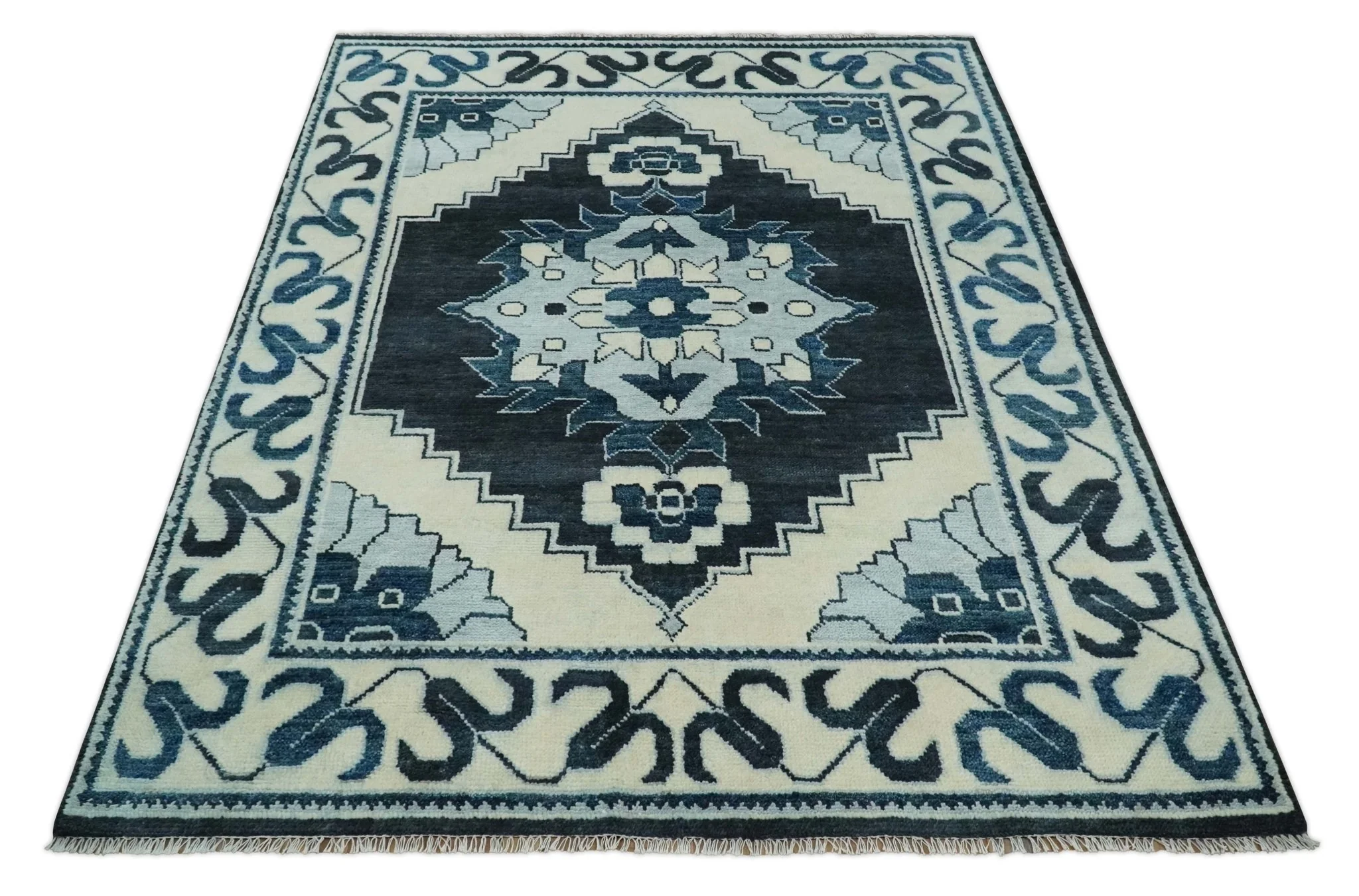 Hand Knotted Antique 8x10 Ivory and Blue Traditional Heriz Serapi Wool Rug | TRDCP859810 - Image 6