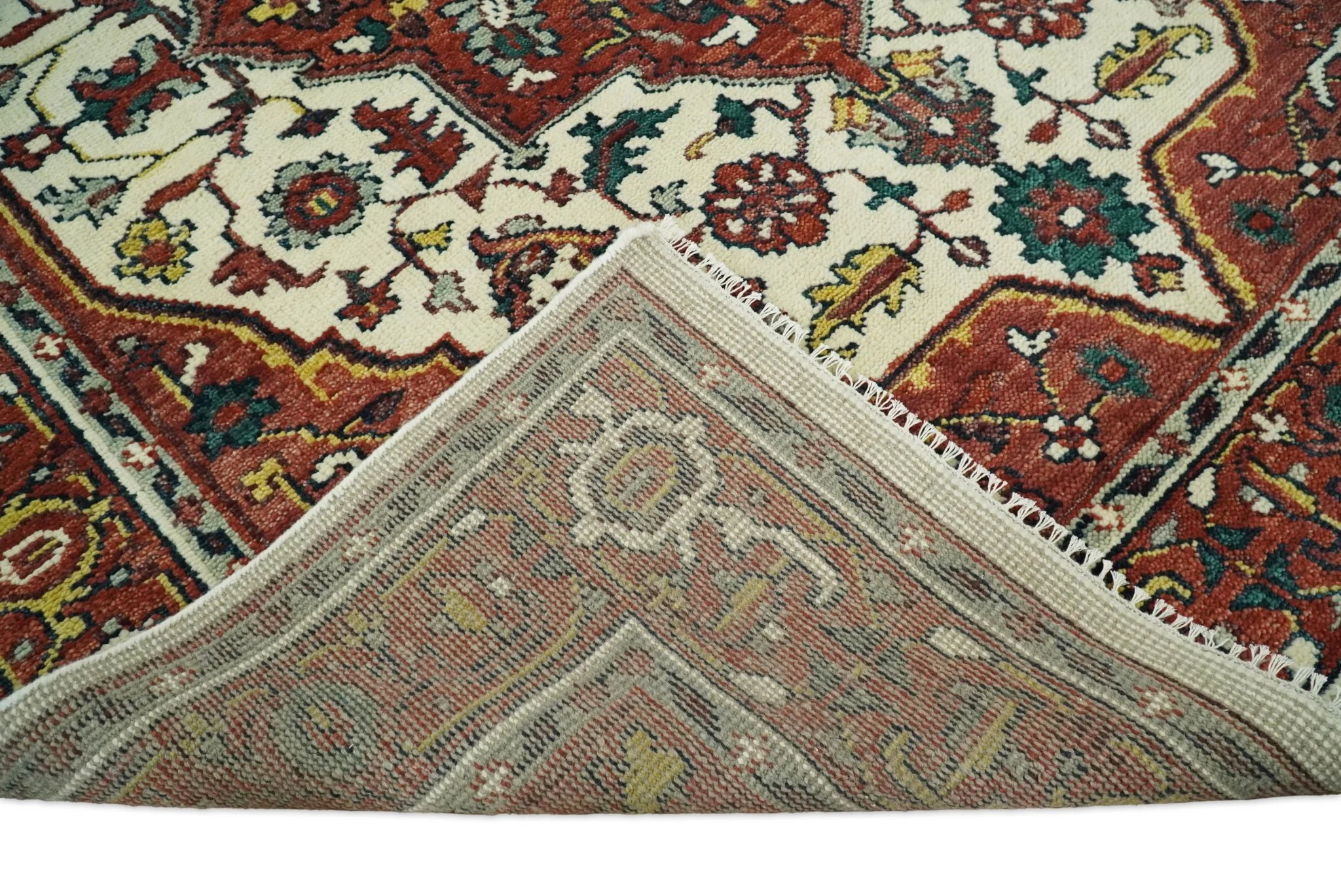Ivory and Rust Traditional Heriz Medallion Hand Knotted Multi Size wool Area Rug - Image 10