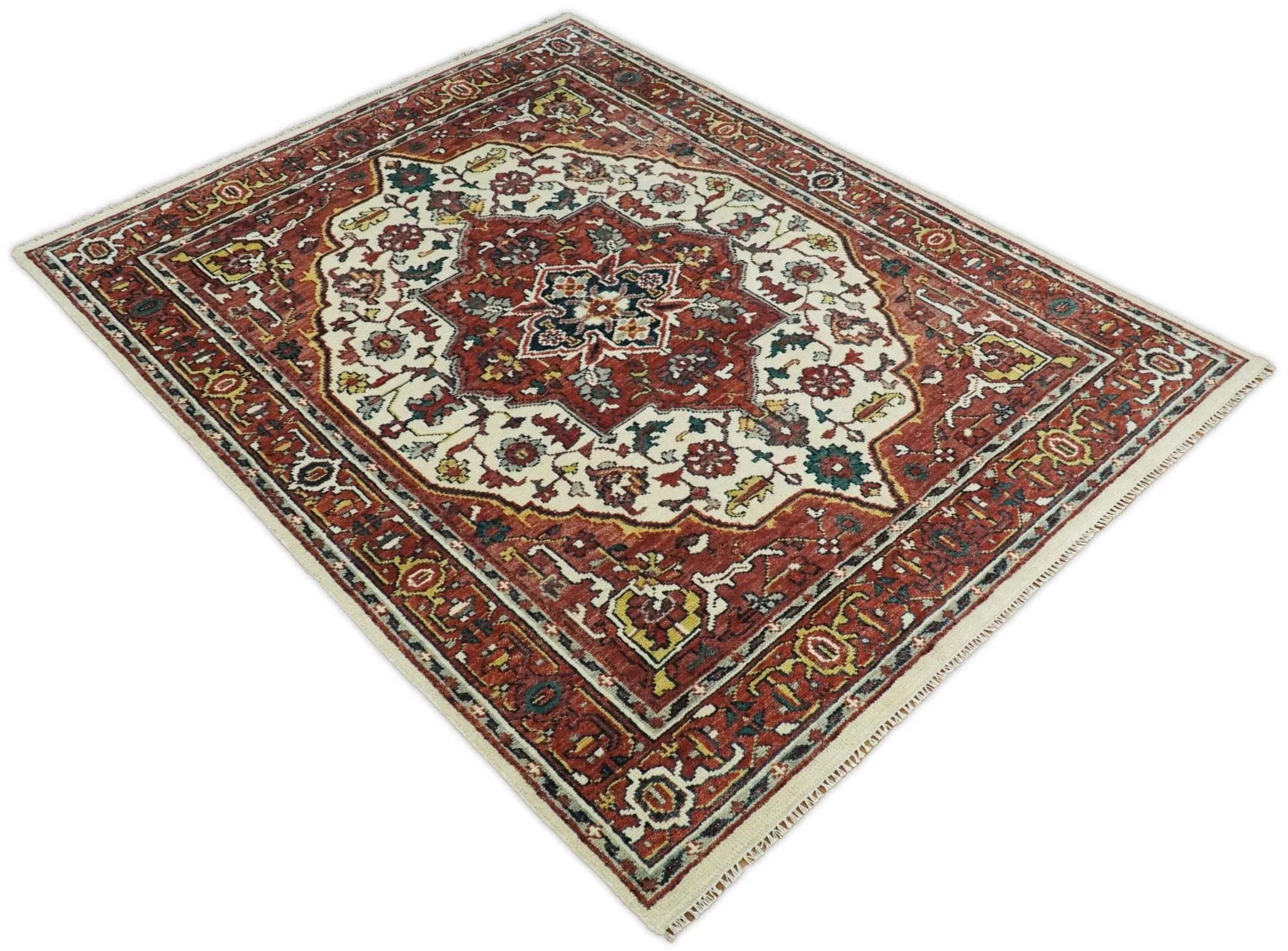 Ivory and Rust Traditional Heriz Medallion Hand Knotted Multi Size wool Area Rug - Image 11