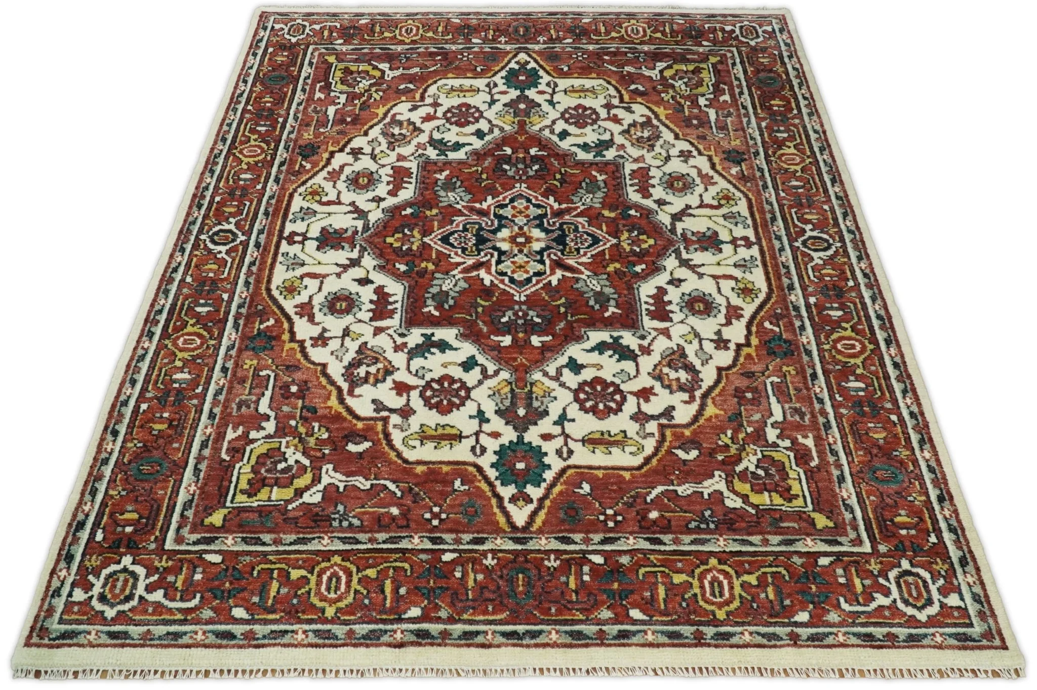 Ivory and Rust Traditional Heriz Medallion Hand Knotted Multi Size wool Area Rug - Image 12