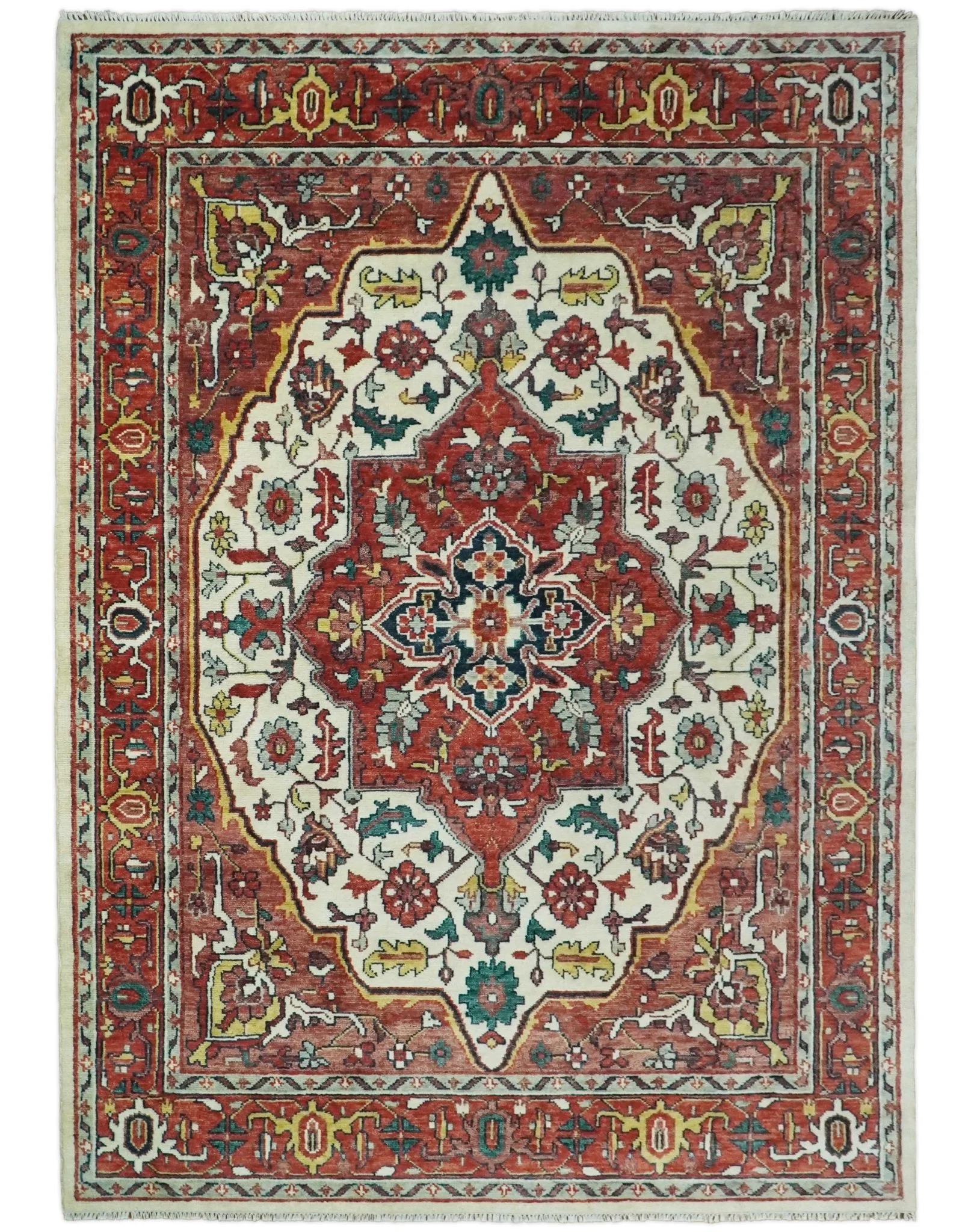 Ivory and Rust Traditional Heriz Medallion Hand Knotted Multi Size wool Area Rug - Image 13