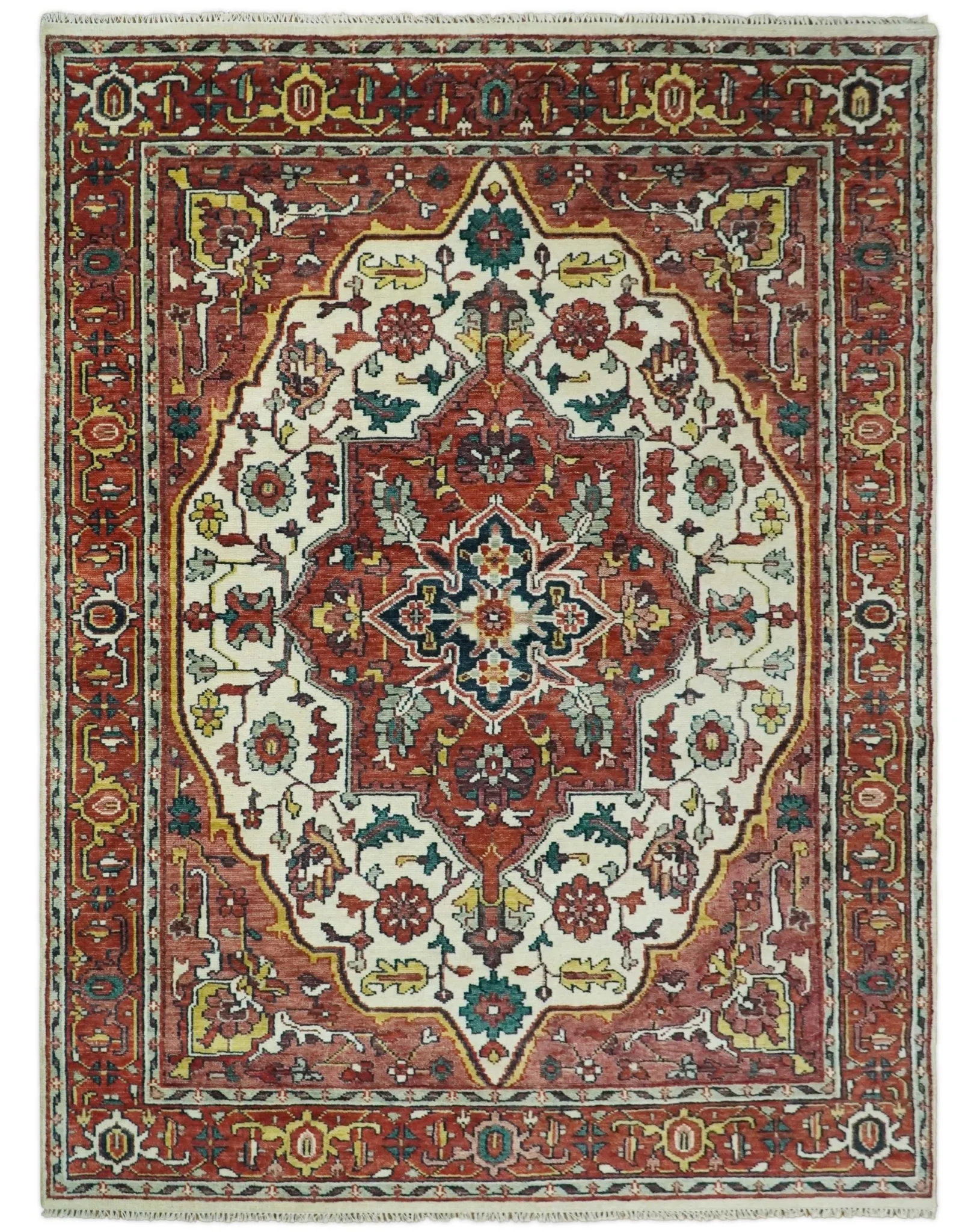 Ivory and Rust Traditional Heriz Medallion Hand Knotted Multi Size wool Area Rug - Image 14