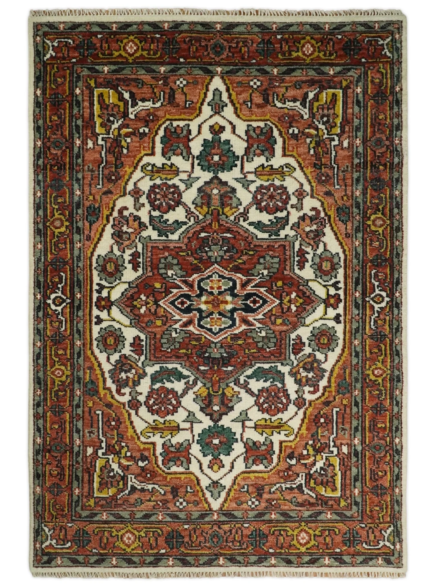 Ivory and Rust Traditional Heriz Medallion Hand Knotted Multi Size wool Area Rug - Image 16