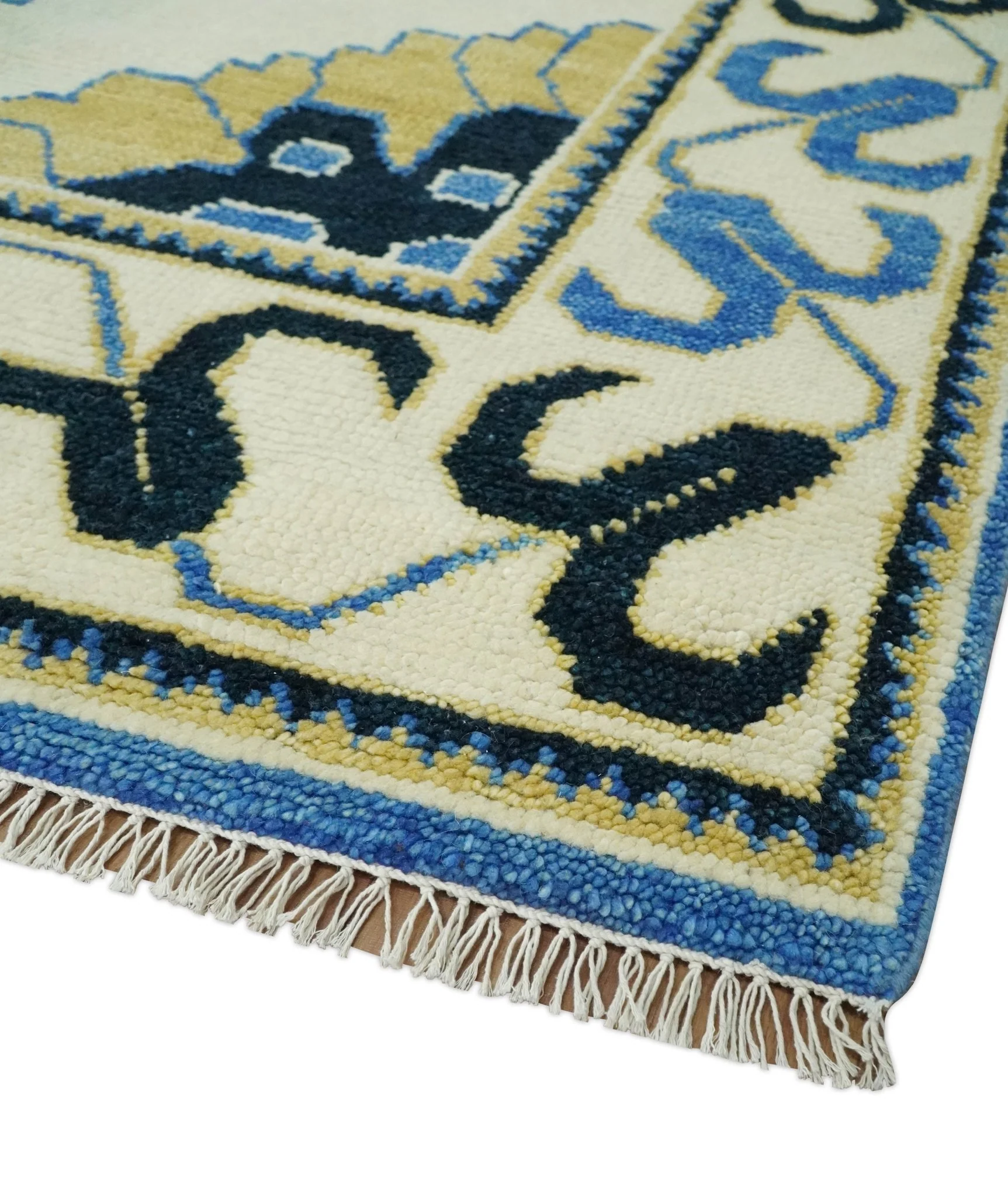 Hand Knotted Antique 8x10 Ivory, Blue and Beige Traditional Heriz Serapi Wool Rug | TRDCP861810 - Image 10