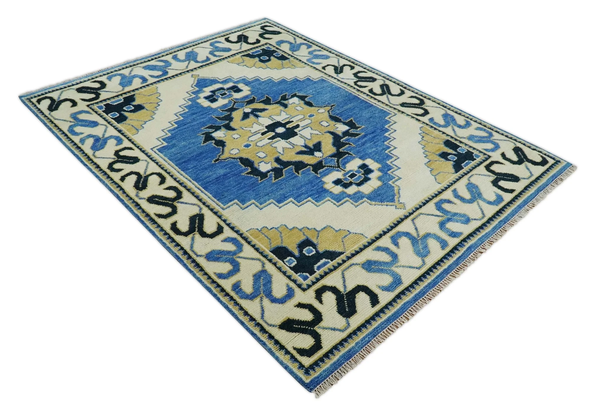 Hand Knotted Antique 8x10 Ivory, Blue and Beige Traditional Heriz Serapi Wool Rug | TRDCP861810 - Image 4