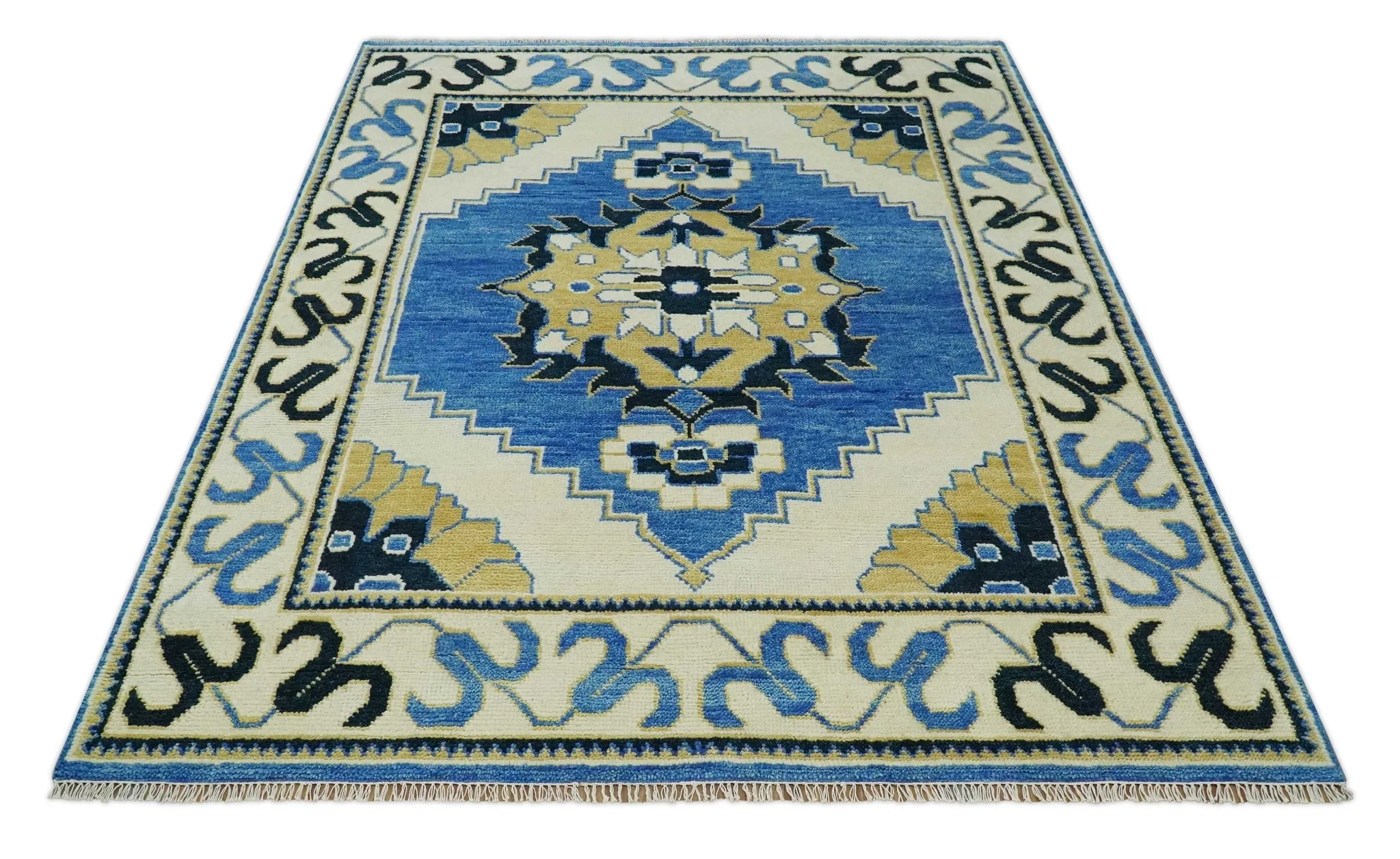 Hand Knotted Antique 8x10 Ivory, Blue and Beige Traditional Heriz Serapi Wool Rug | TRDCP861810 - Image 6