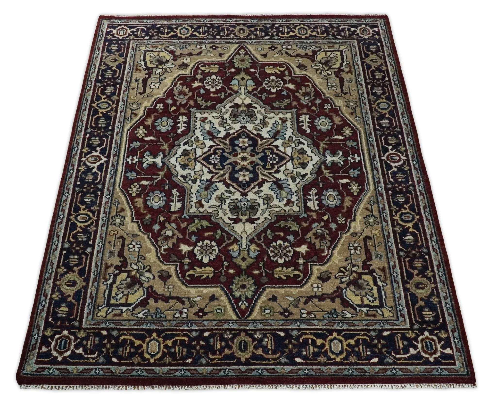Hand Knotted Antique 8x10 Maroon and brown Traditional Heriz Vintage Style Area Rug | TRDC434810 - Image 10