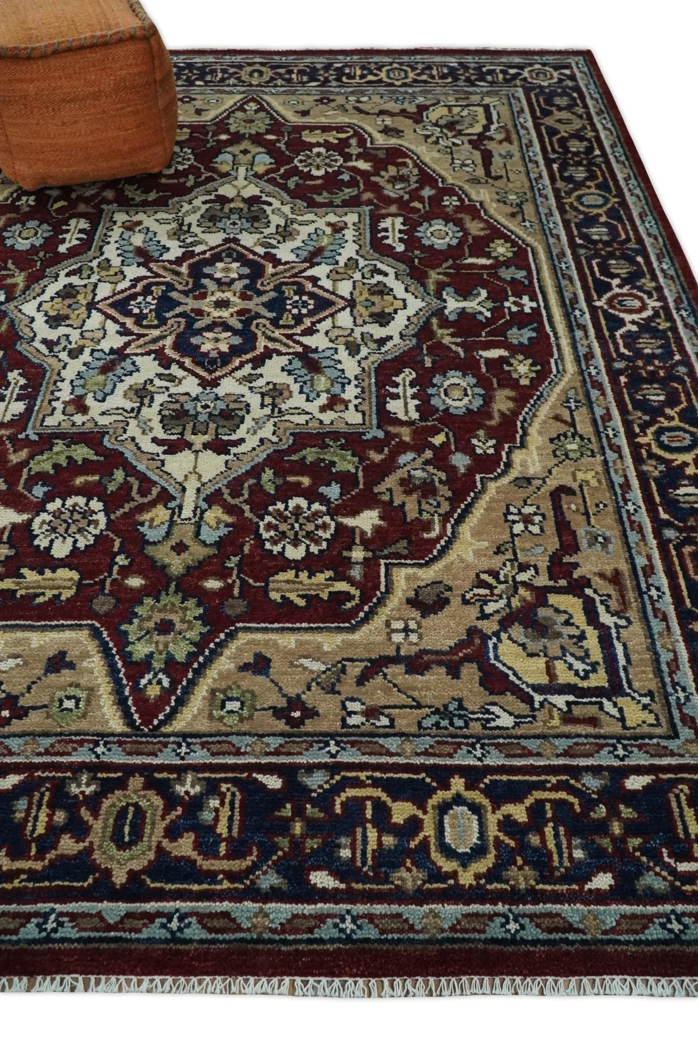 Hand Knotted Antique 8x10 Maroon and brown Traditional Heriz Vintage Style Area Rug | TRDC434810 - Image 3
