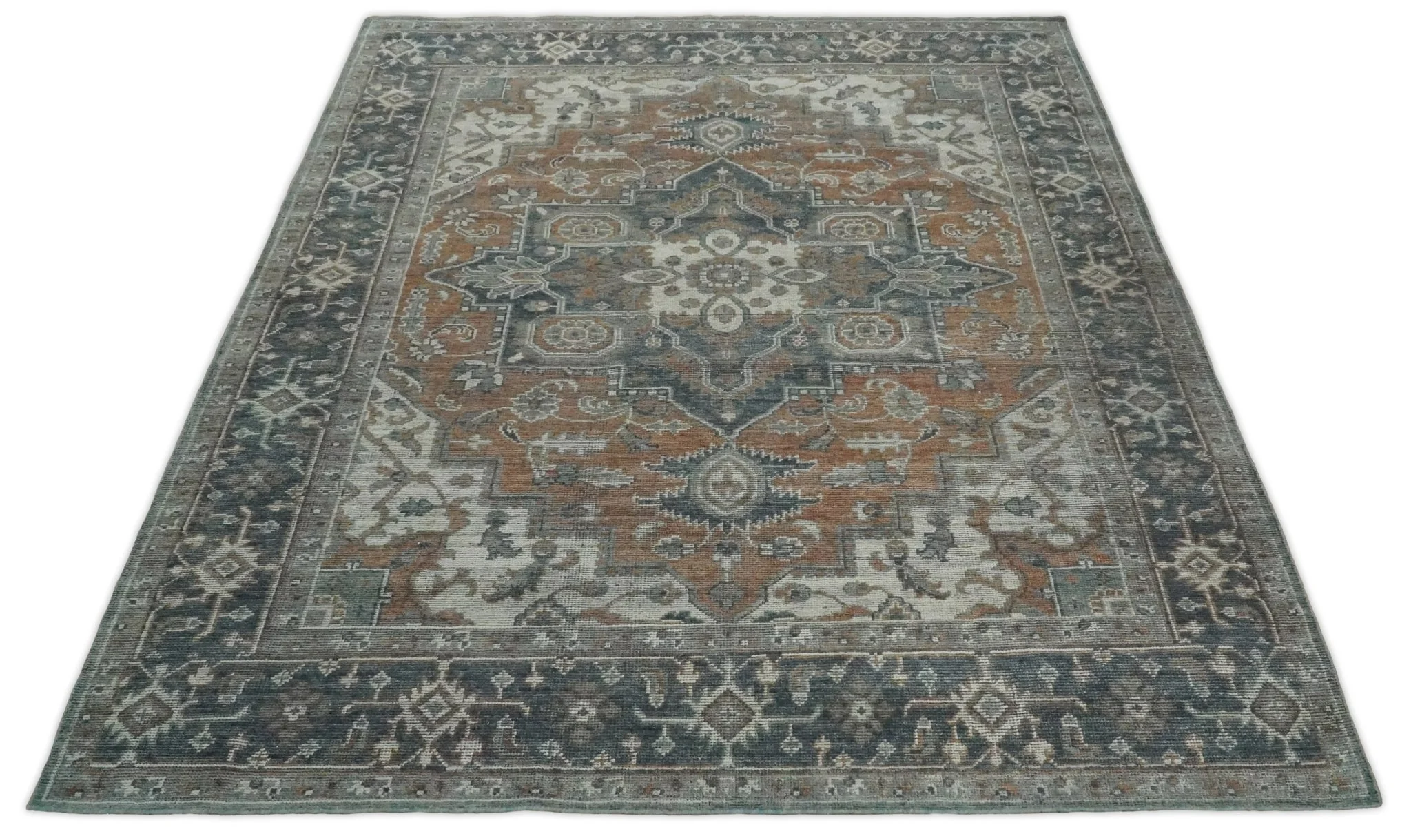 Antique look Vintage Style Distressed finished Brown, Ivory and Charcoal Hand Knotted Traditional Heriz serapi multi Size wool Area Rug - Image 4