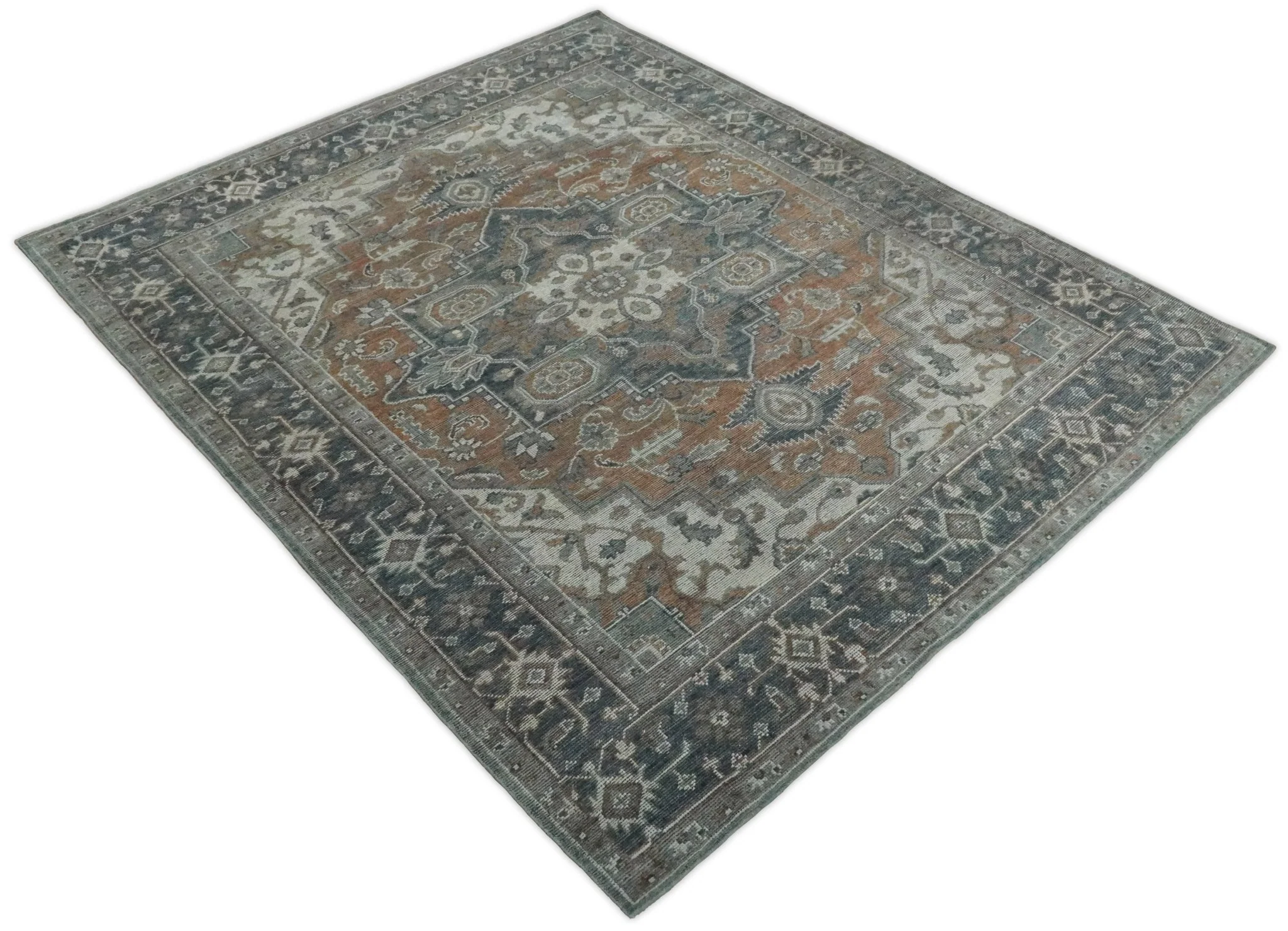 Antique look Vintage Style Distressed finished Brown, Ivory and Charcoal Hand Knotted Traditional Heriz serapi multi Size wool Area Rug - Image 7